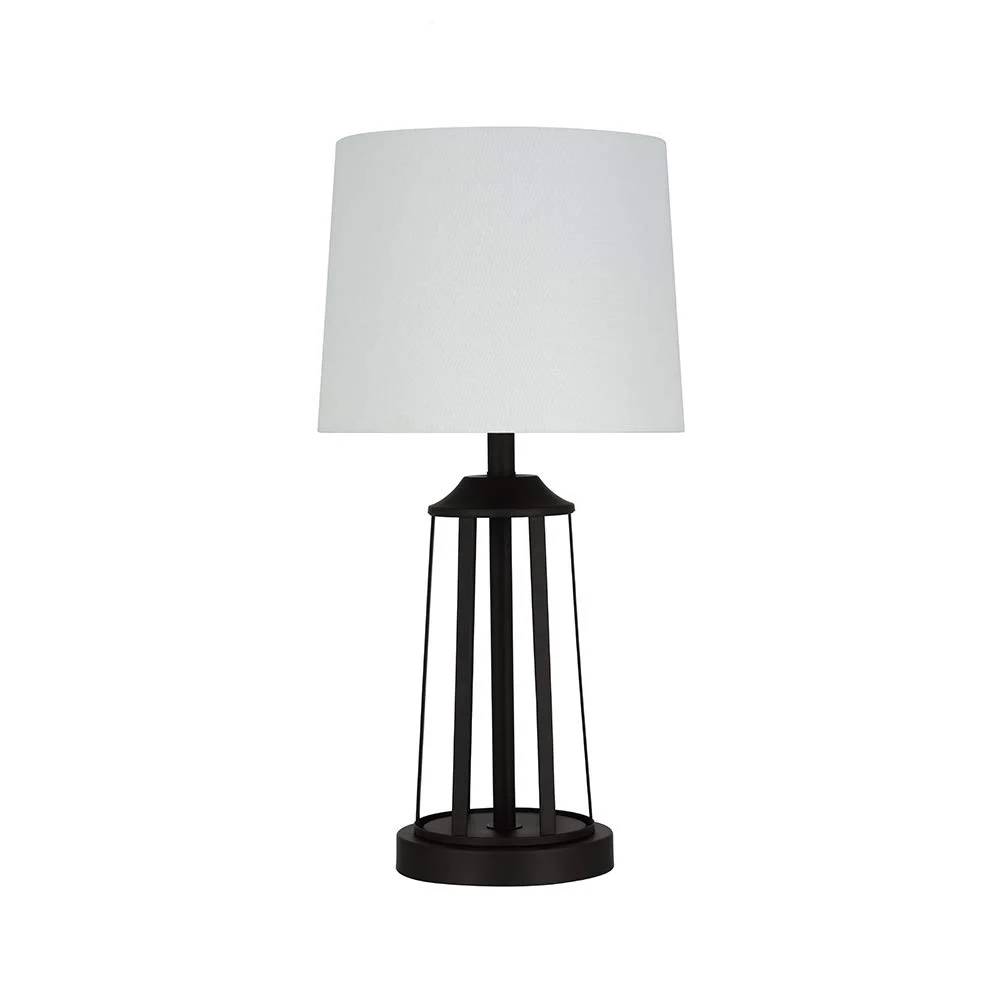 Dark Bronze Cage Table Lamp with White Linen Shade