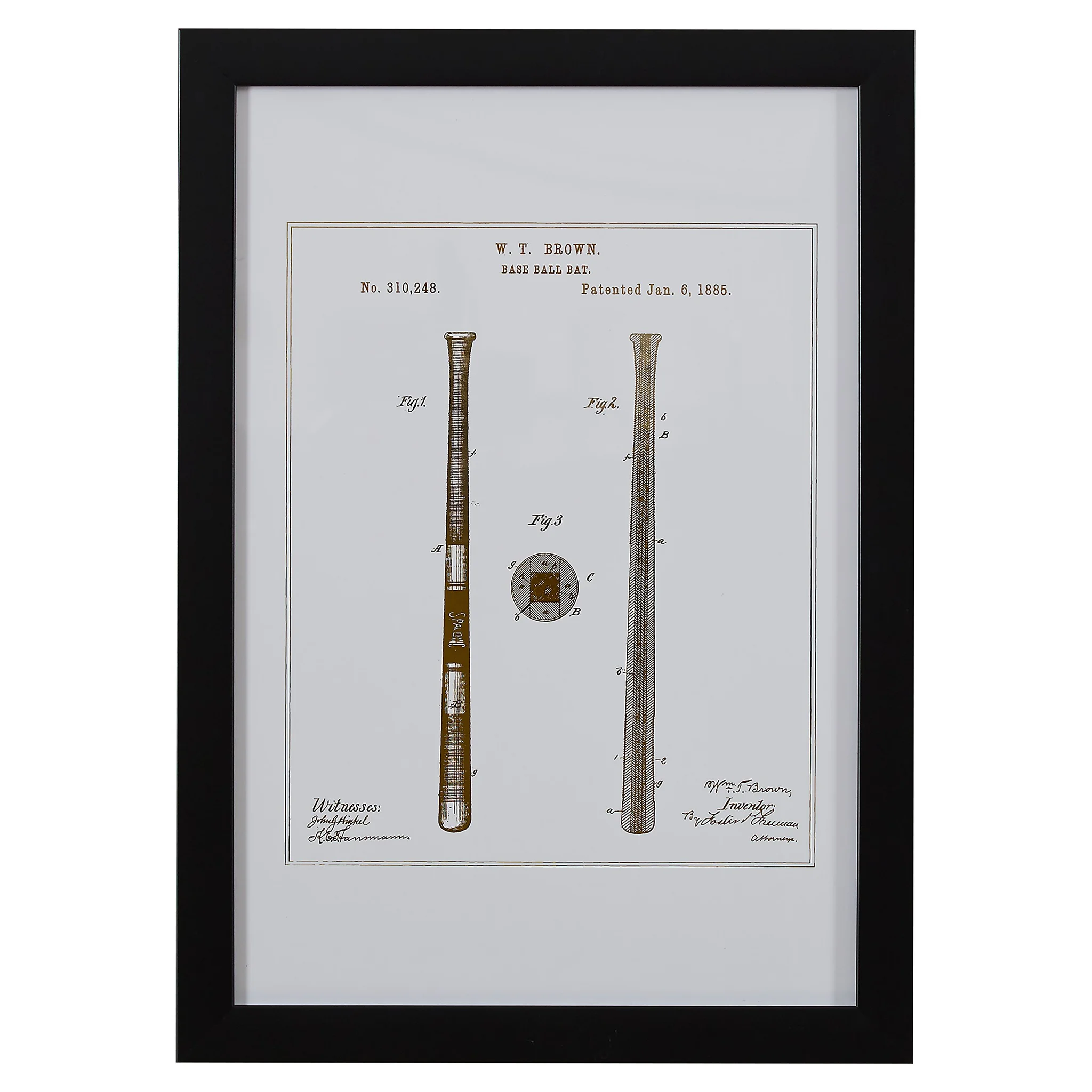 Framed 1885 Baseball Bat Patent Print Wall Art