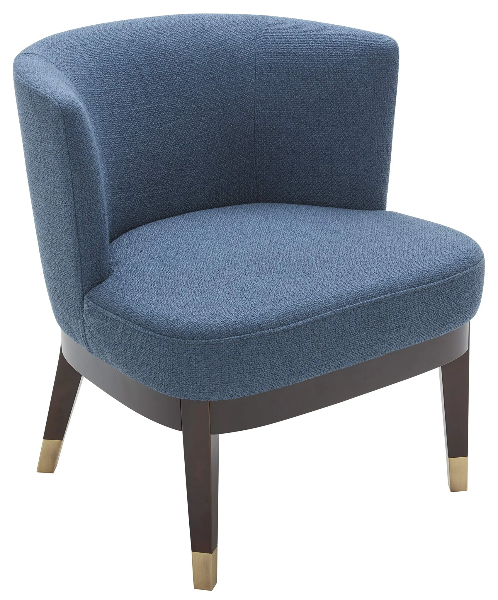 Mid-Century Modern Armless Accent Chair – Blue Fabric with Brass-Capped Wood Legs
