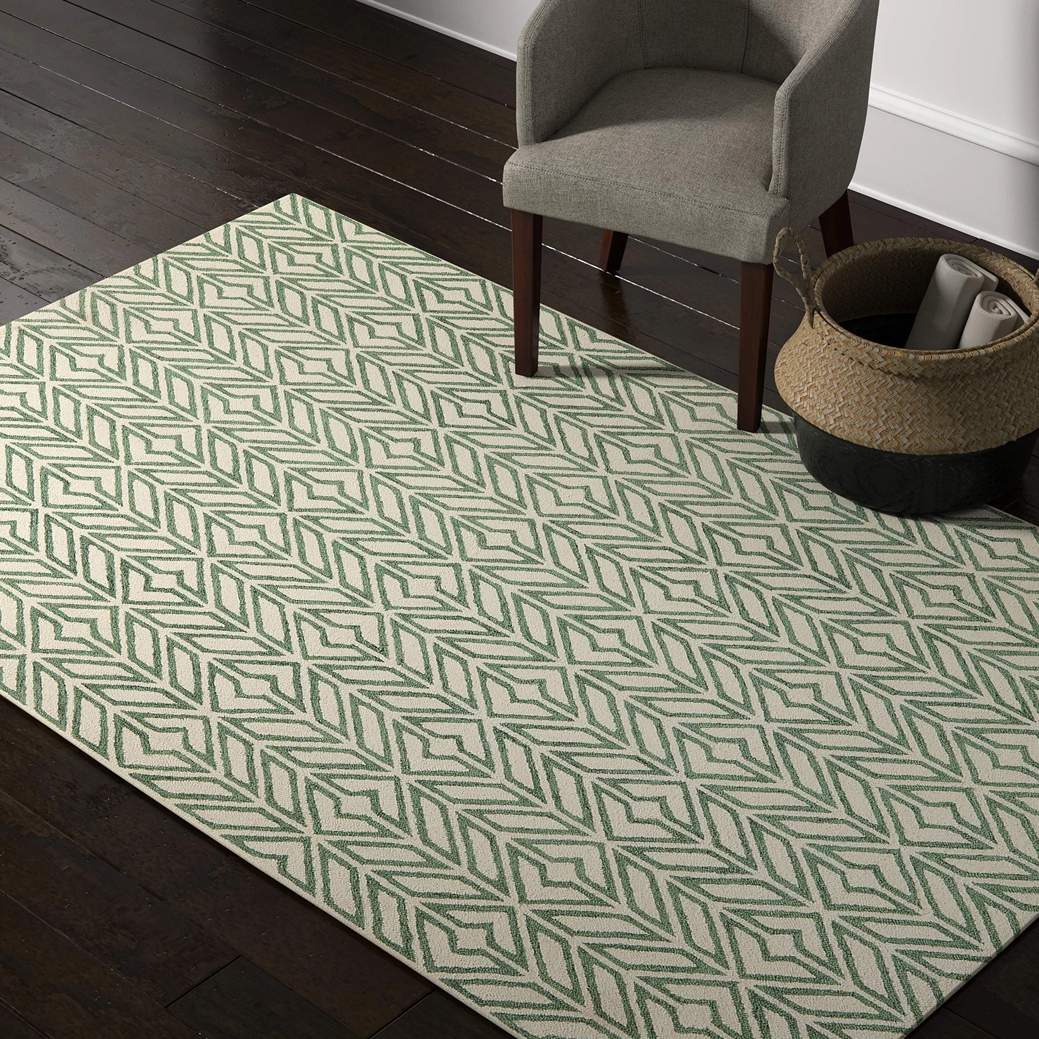 Green & Cream Geometric Handtufted Wool Area Rug