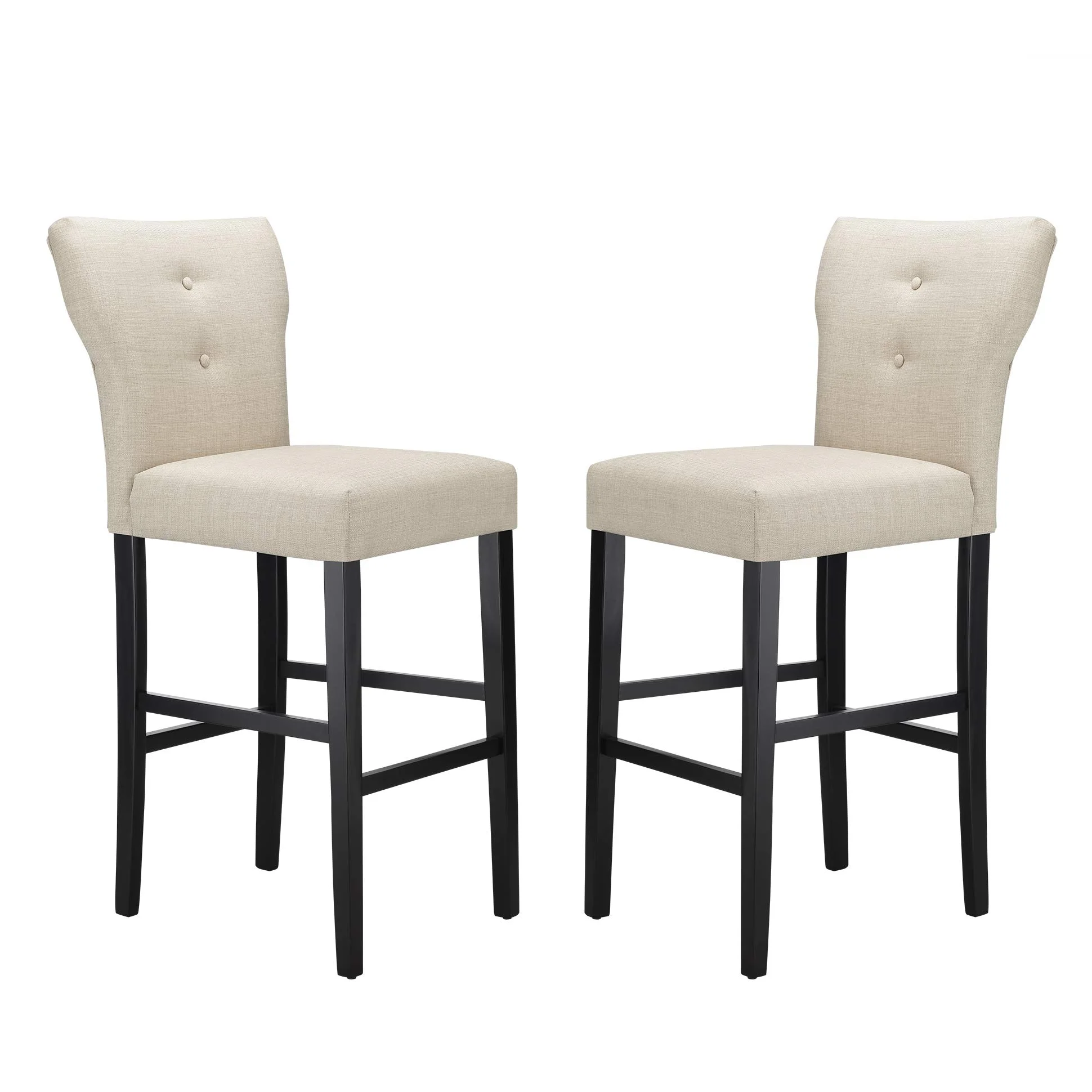Modern Tufted Bar Stool with Beige Fabric Upholstery and Black Wood Legs – Set of 2