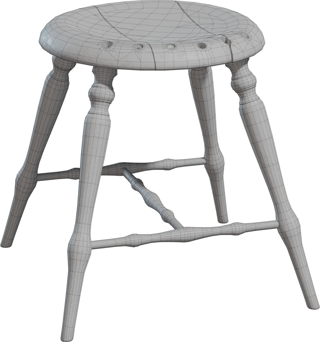 Antique Rustic Wooden Stool, 3D model preview 1