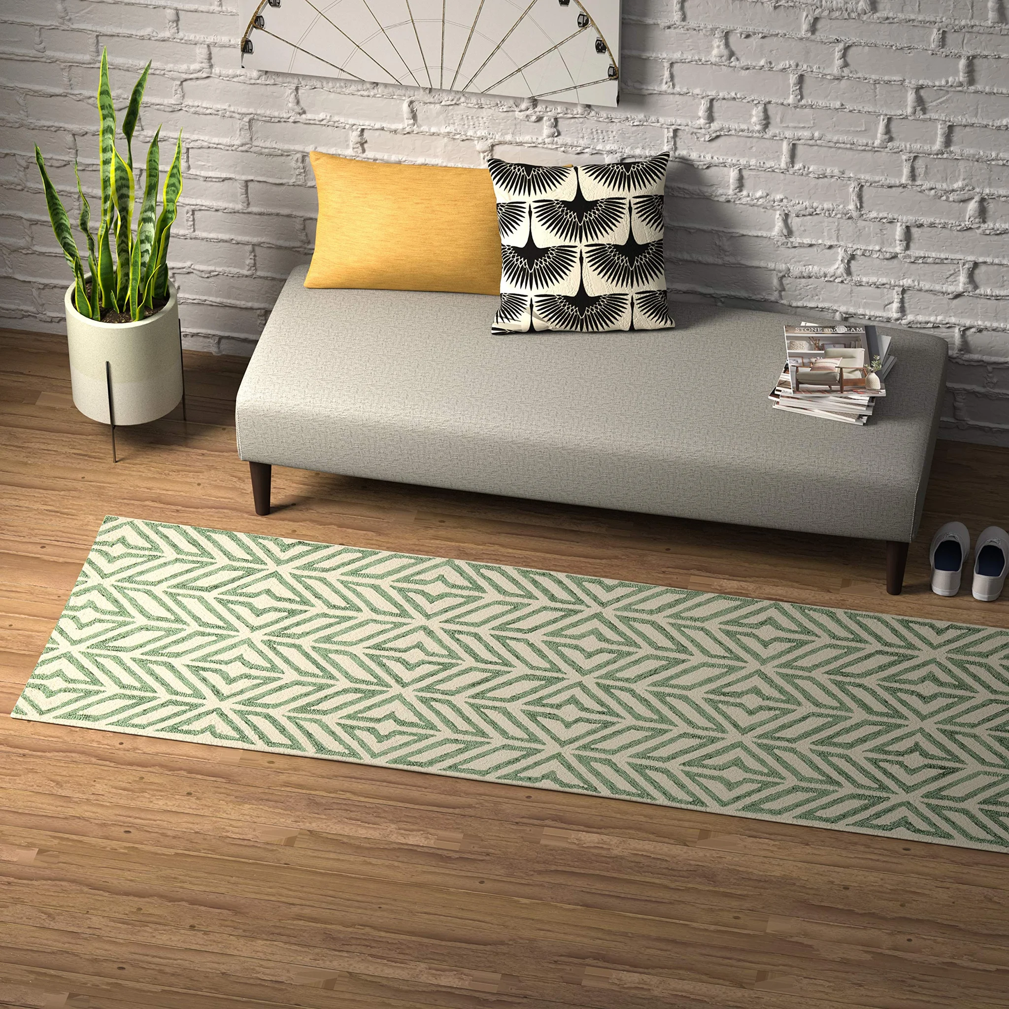 Green & Cream Geometric Runner Rug – Contemporary Handtufted Wool Blend