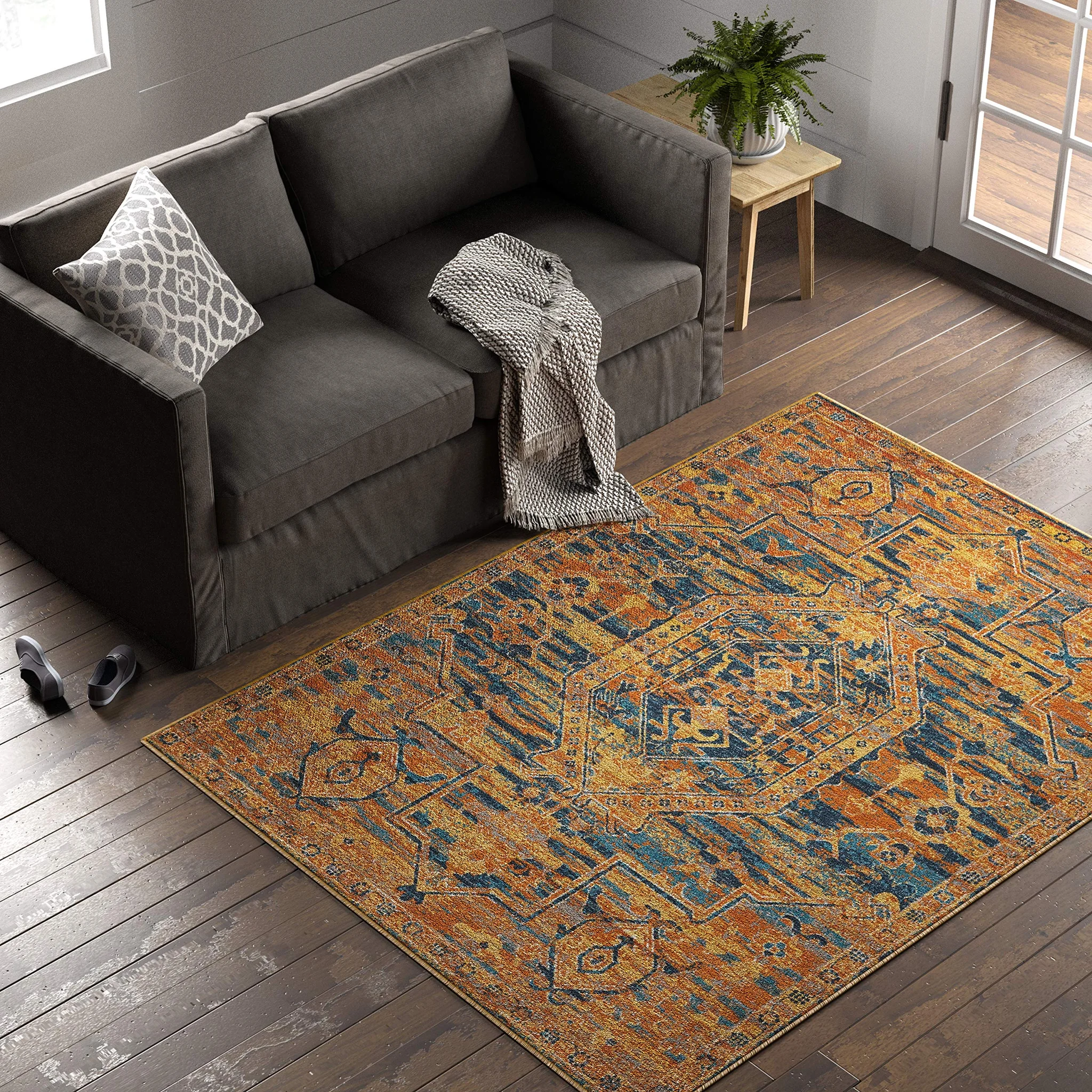Persian-Style Area Rug with Geometric Medallion Pattern – Blue & Orange