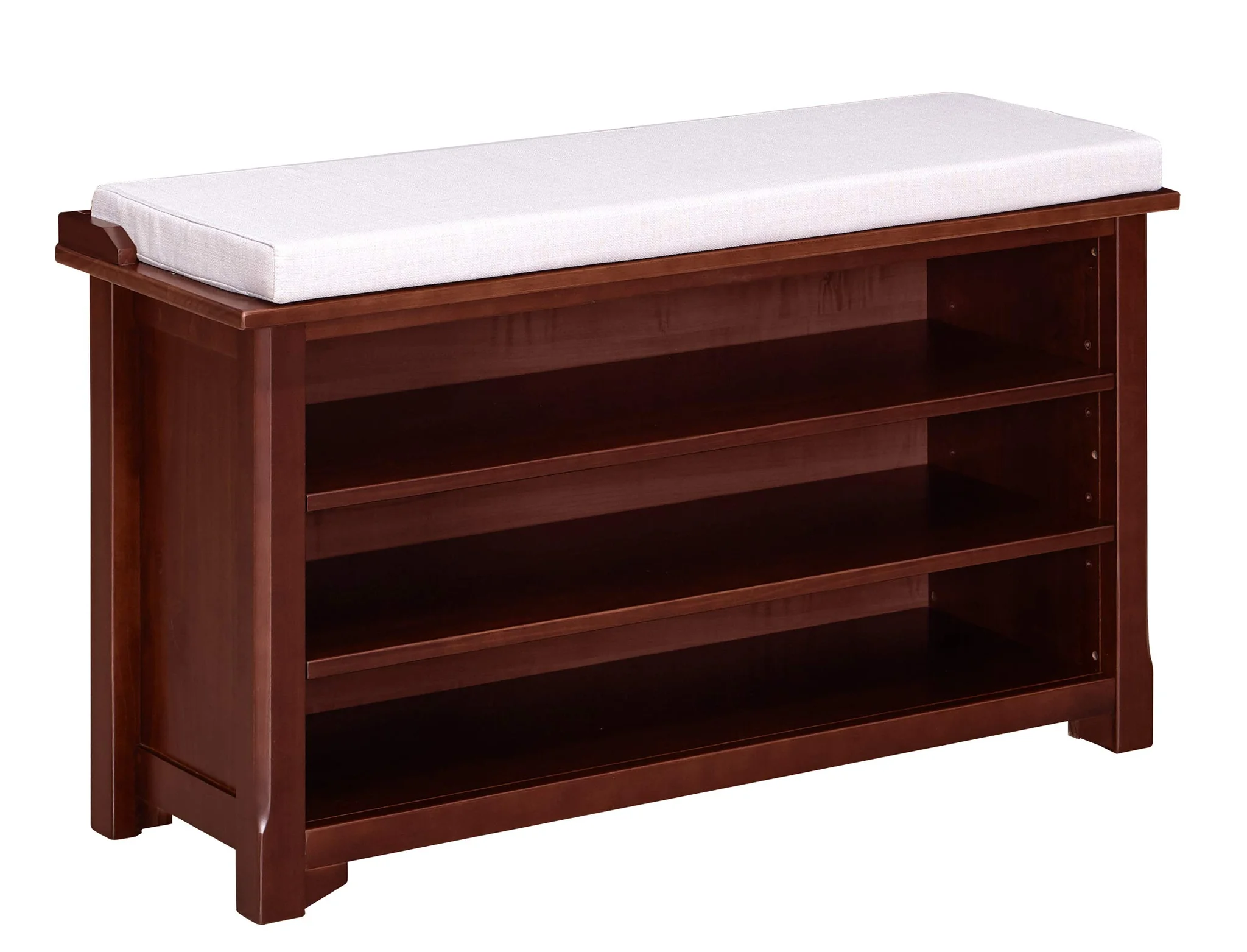 Upholstered Wood Storage Bench with Open Shelves – Dark Espresso