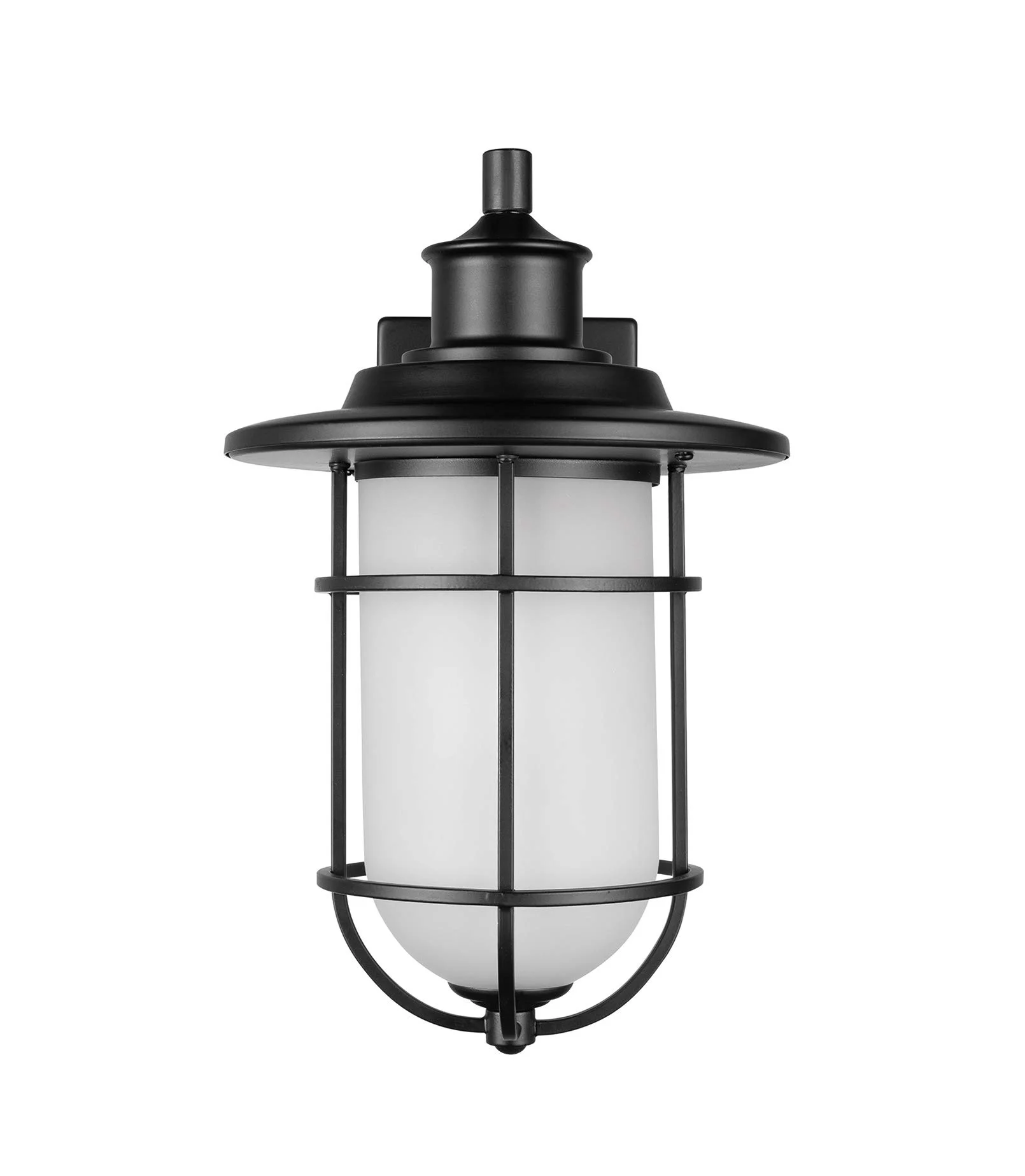 Industrial Cage Wall Sconce with Frosted Glass Shade – Matte Black