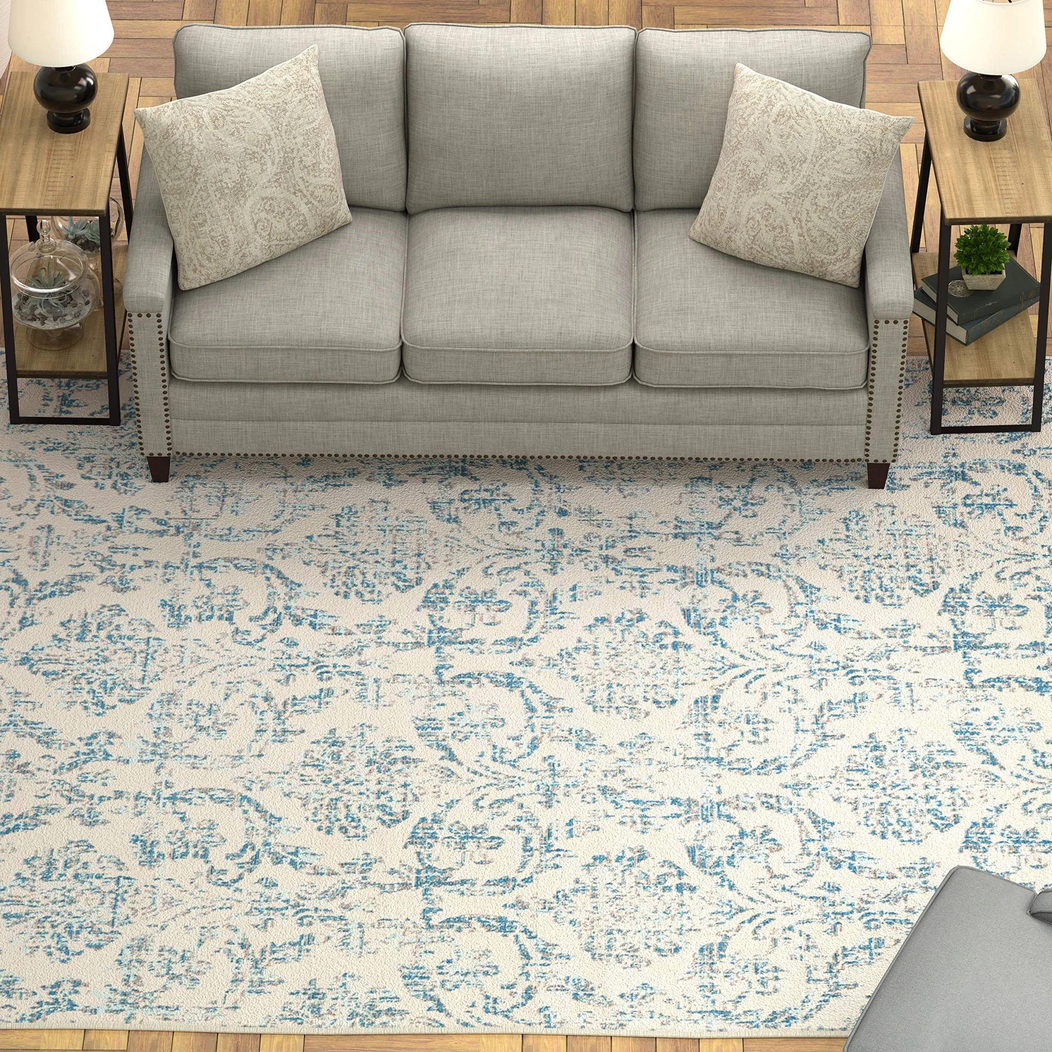 Vintage Damask Area Rug – Blue on Ivory Distressed Pattern