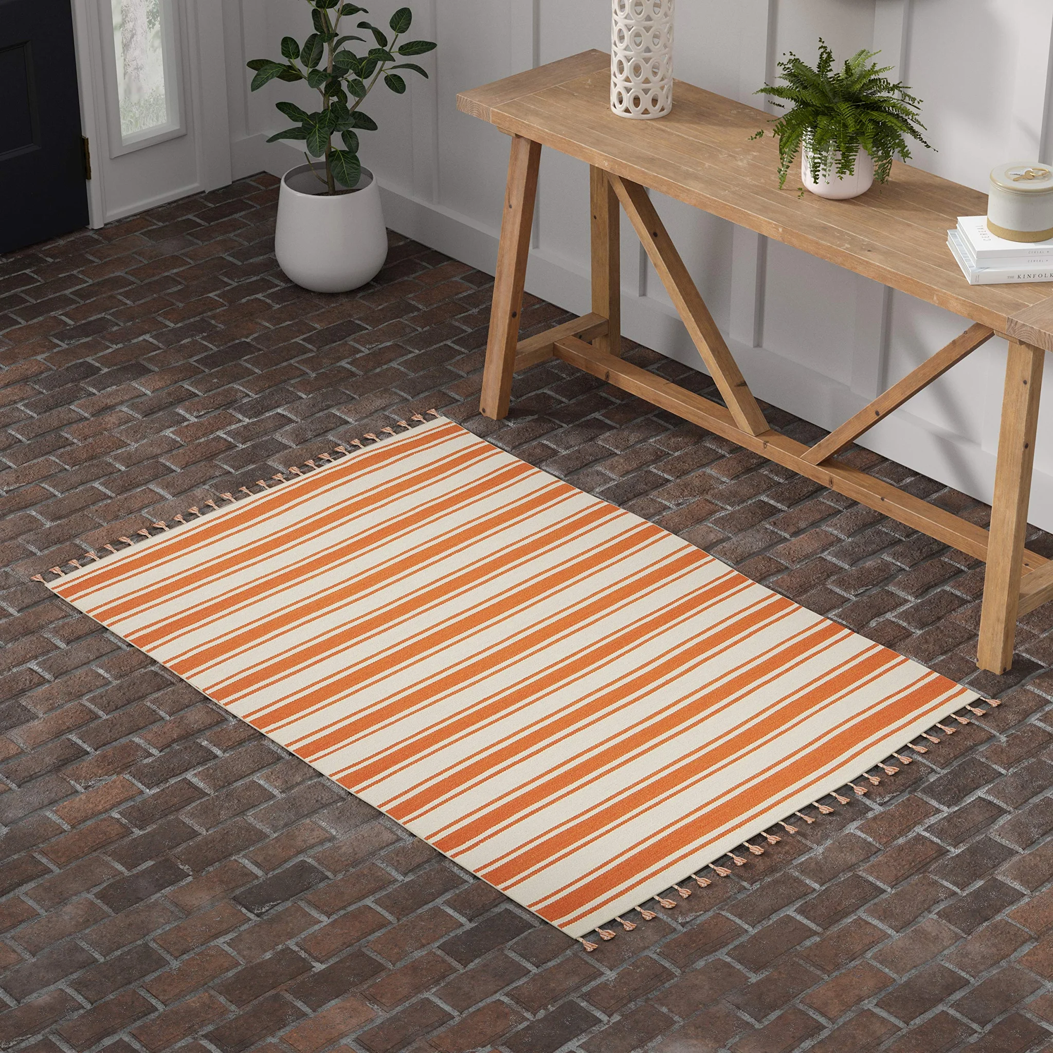 Orange & Ivory Striped Dhurrie Area Rug with Tassel Fringe
