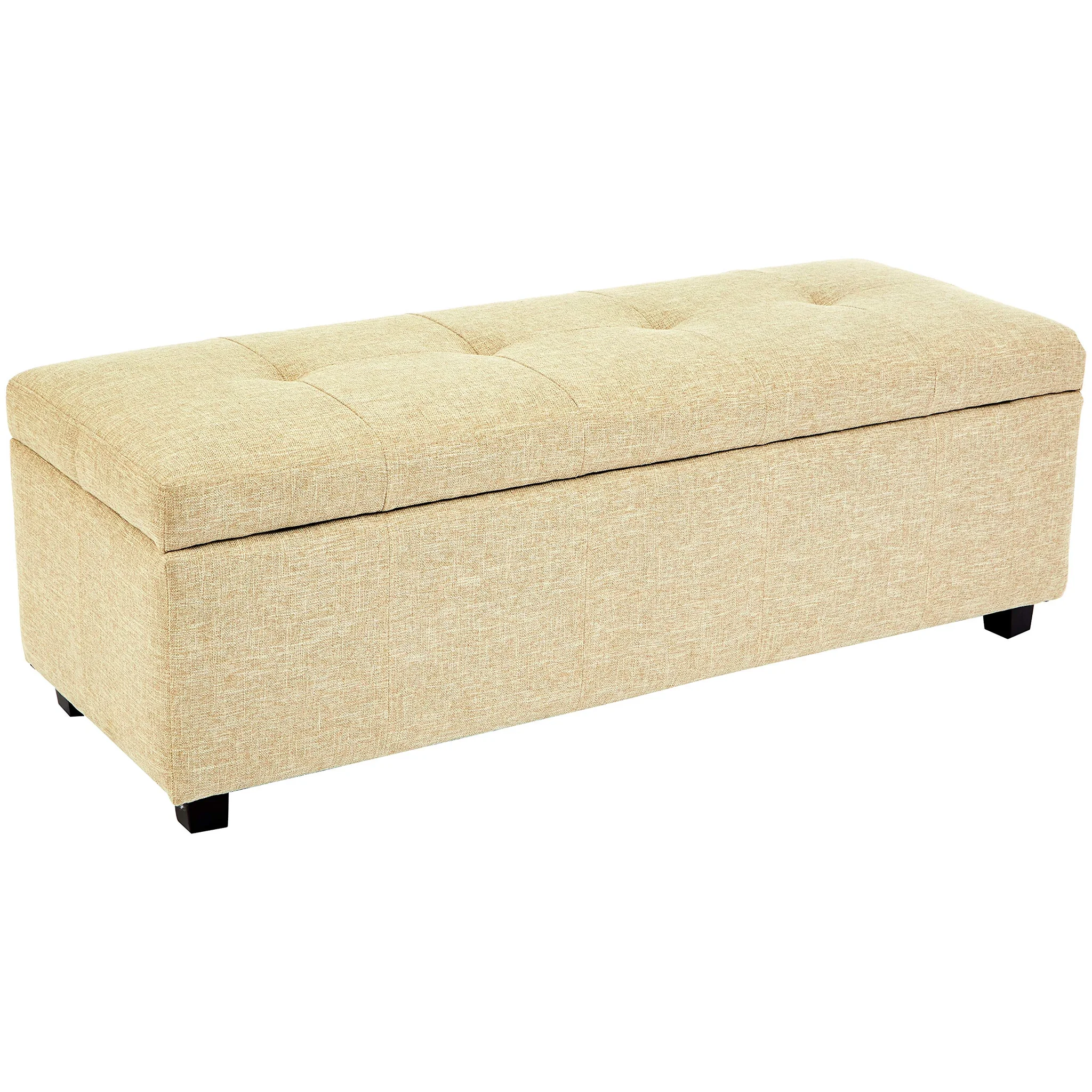 Tufted Fabric Storage Ottoman Bench – Almond Linen Upholstery