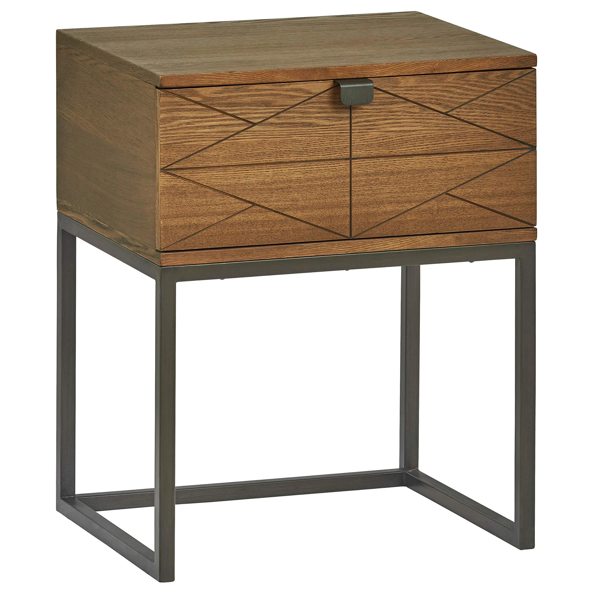 Industrial Side Table with Drawer – Ash Veneer & Antique Bronze Metal Base