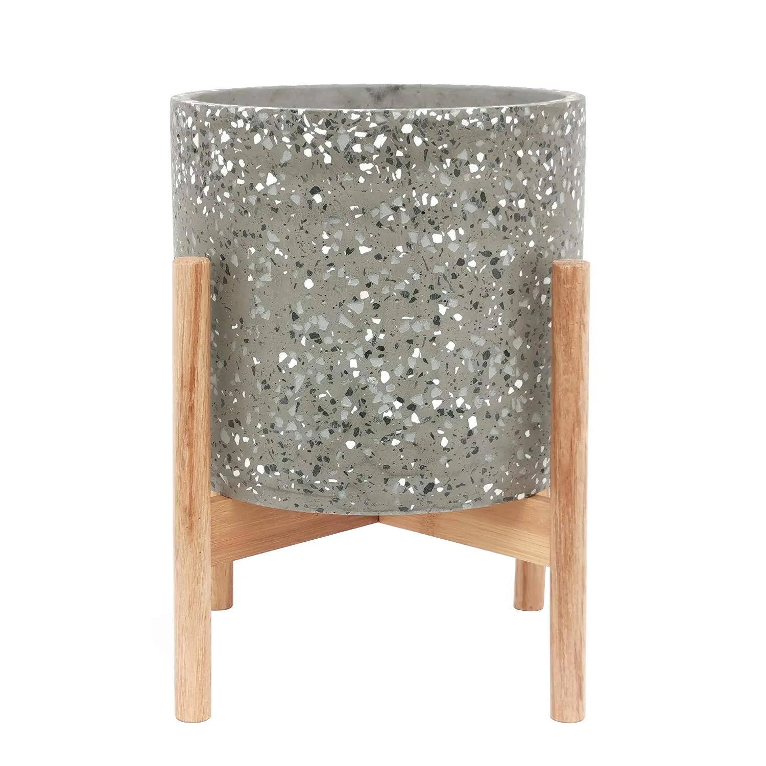 Terrazzo Cement Planter with Mid-Century Wood Stand