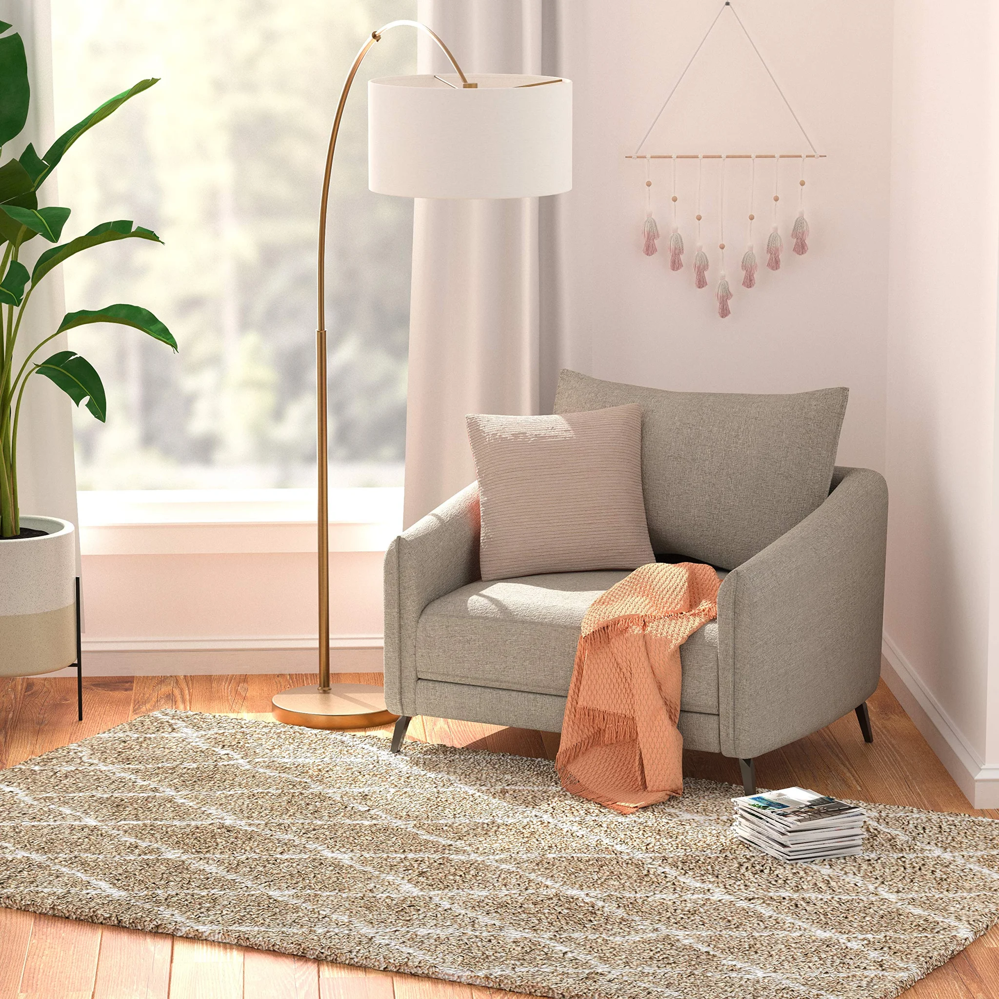 Modern Shag Area Rug – Diamond Trellis Pattern Beige 5x8
