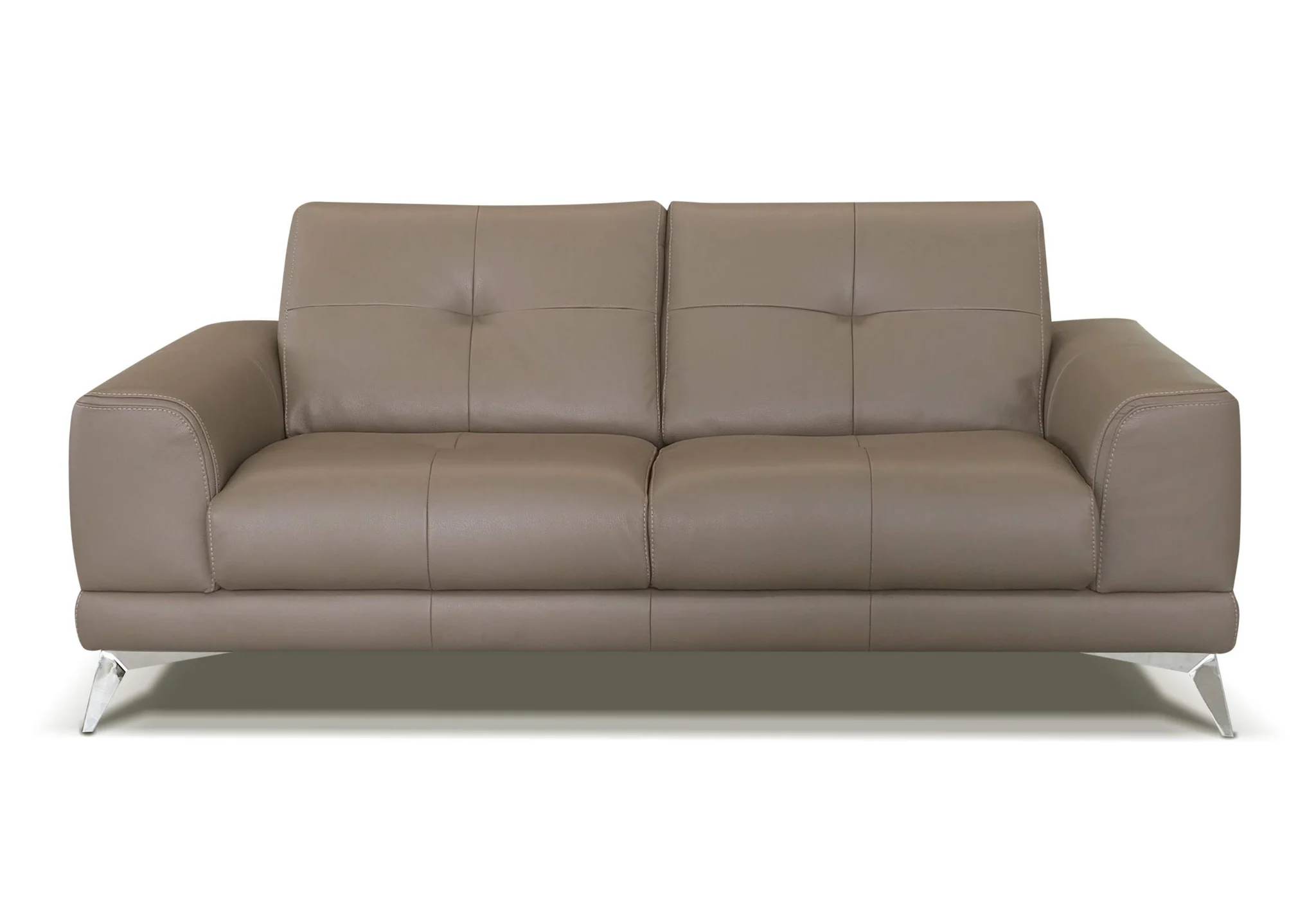 Modern Taupe Leather Two-Seater Sofa with Chrome Legs