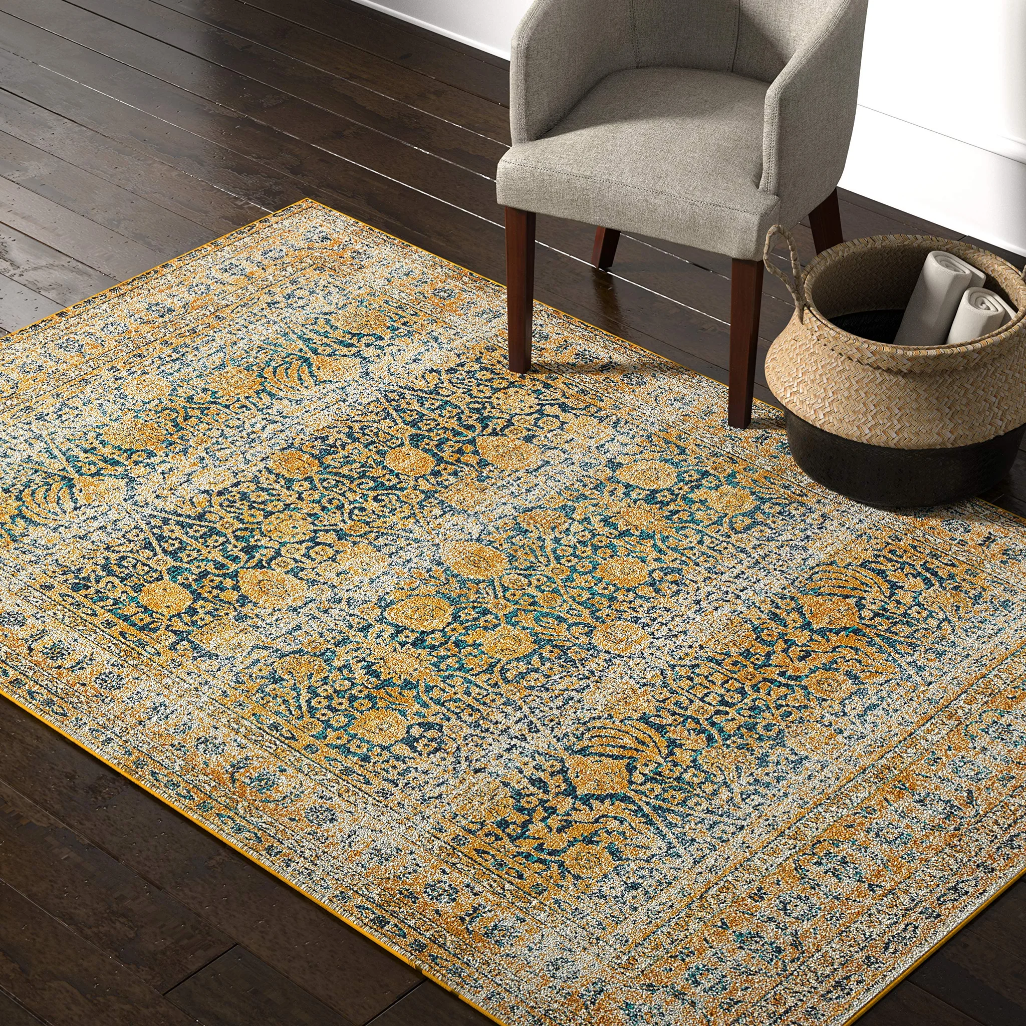 Persian-Style Distressed Area Rug Gold and Teal Floral Pattern