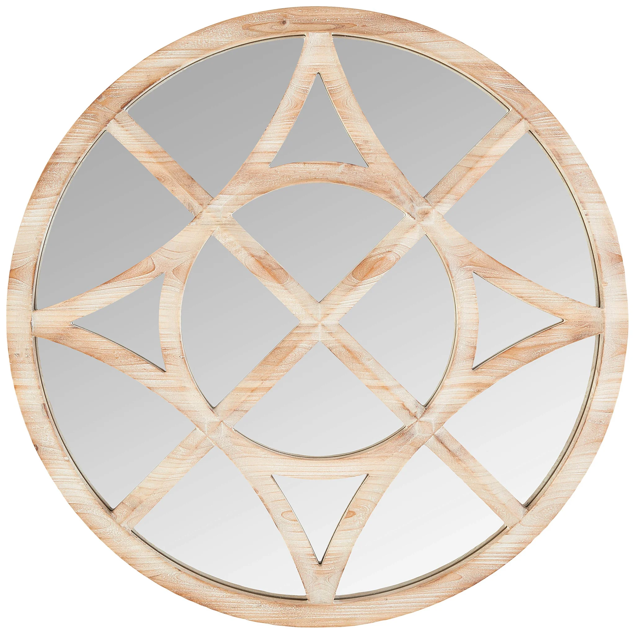 Vintage Compass Round Wooden Wall Mirror Light Stain