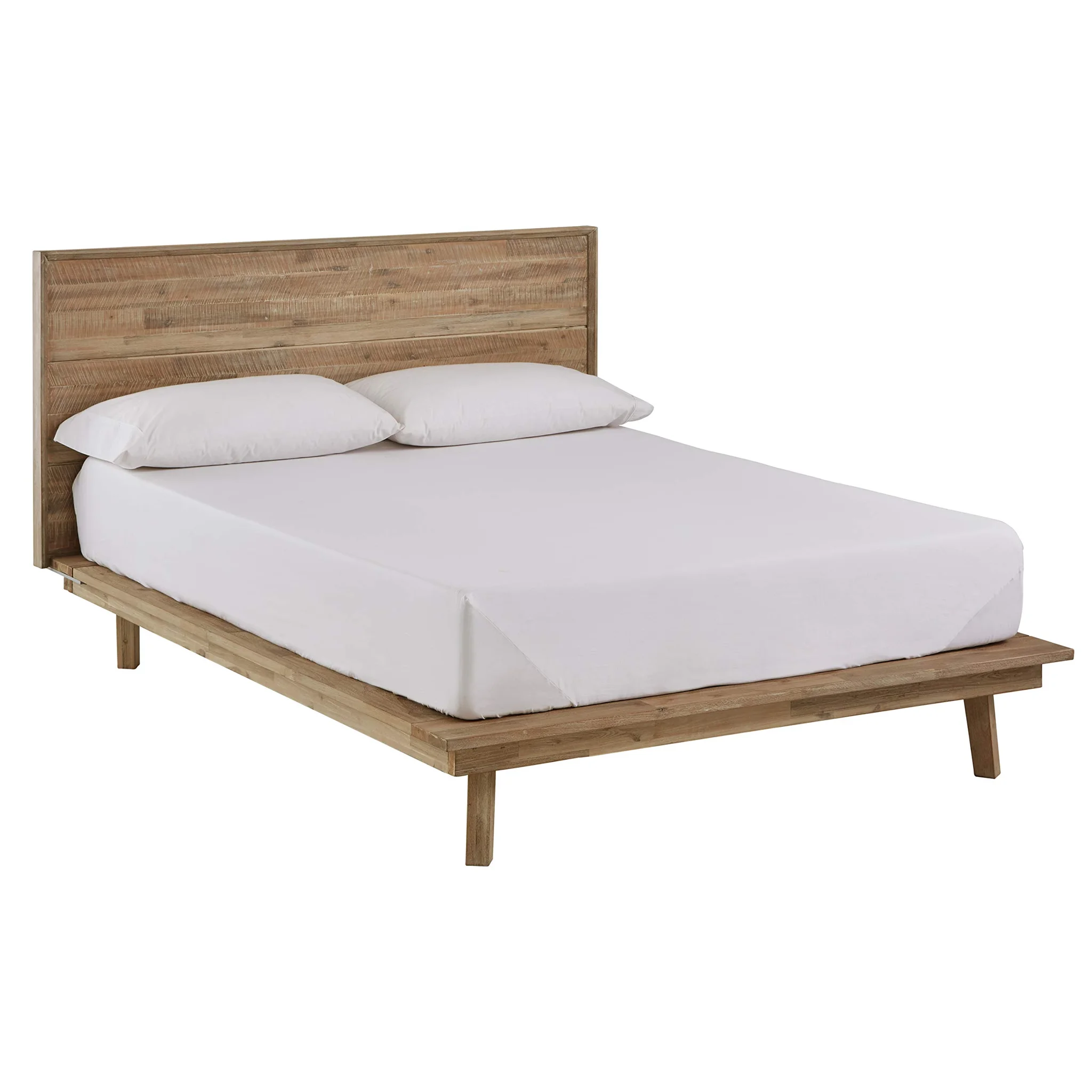 Mid-Century Modern Acacia Wood Platform Bed with Headboard