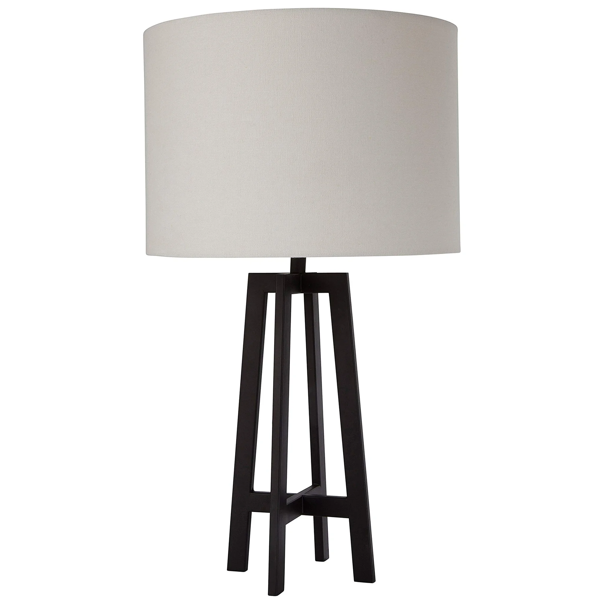 Modern Art Deco Table Lamp with Black Metal Frame and White Linen Shade