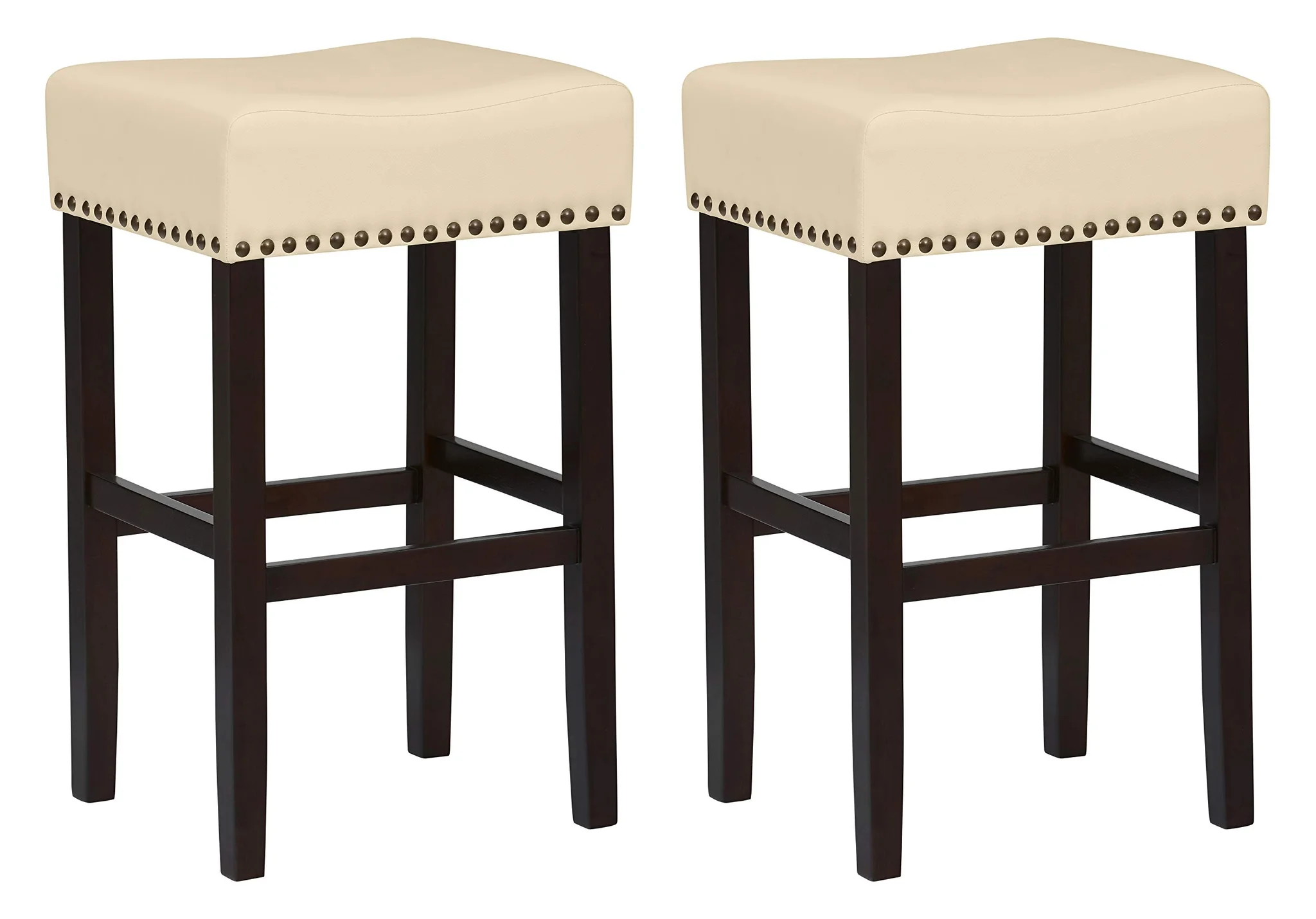 Cream Faux Leather Saddle Bar Stool Set with Nailhead Trim and Espresso Wood Legs