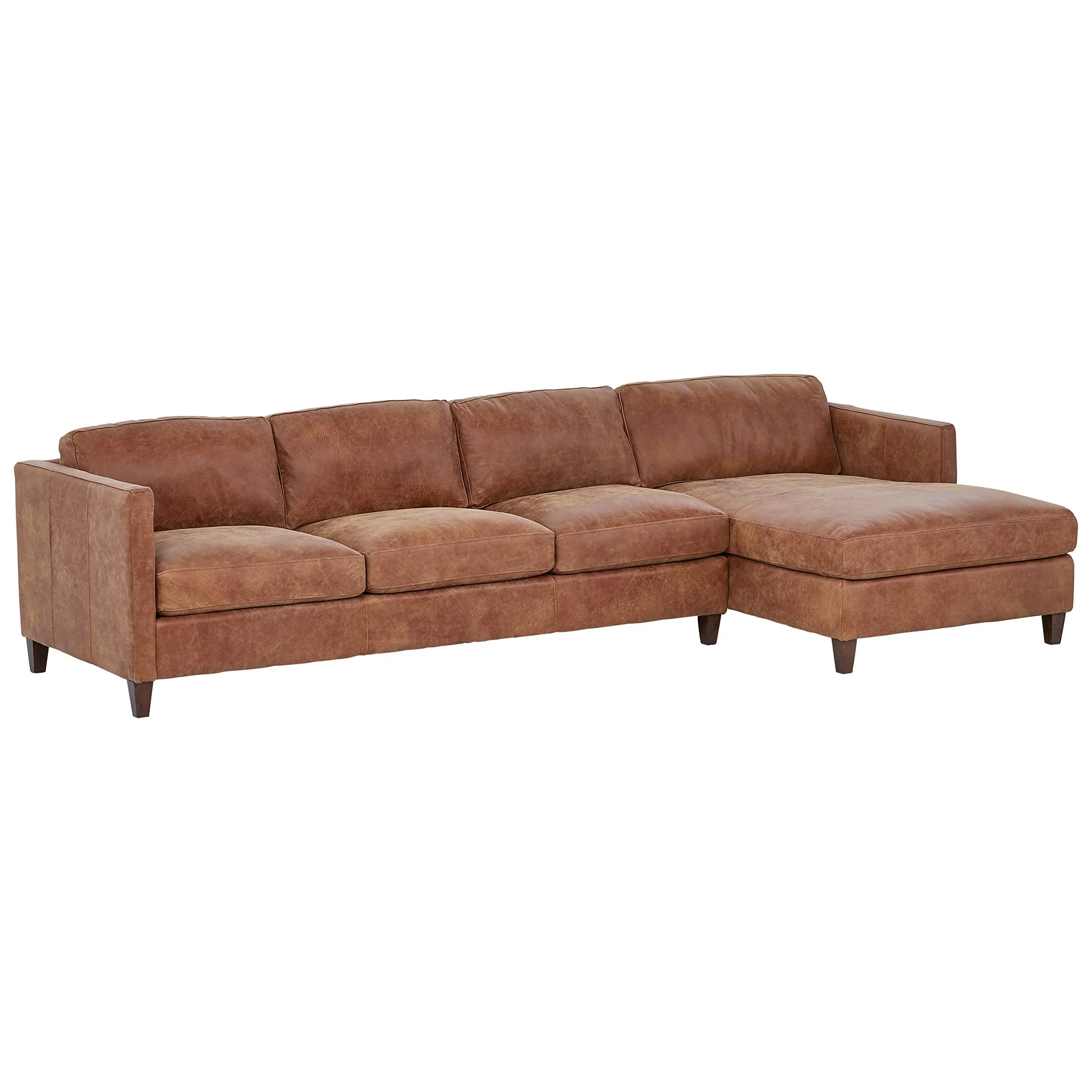 Saddle Brown Leather Sectional Sofa with Right-Facing Chaise