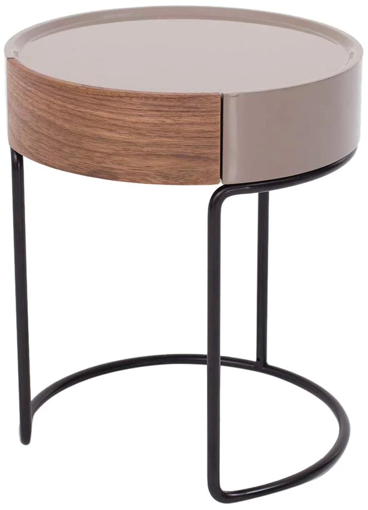 Modern Round Side Table with Walnut Drawer and Black Metal Frame