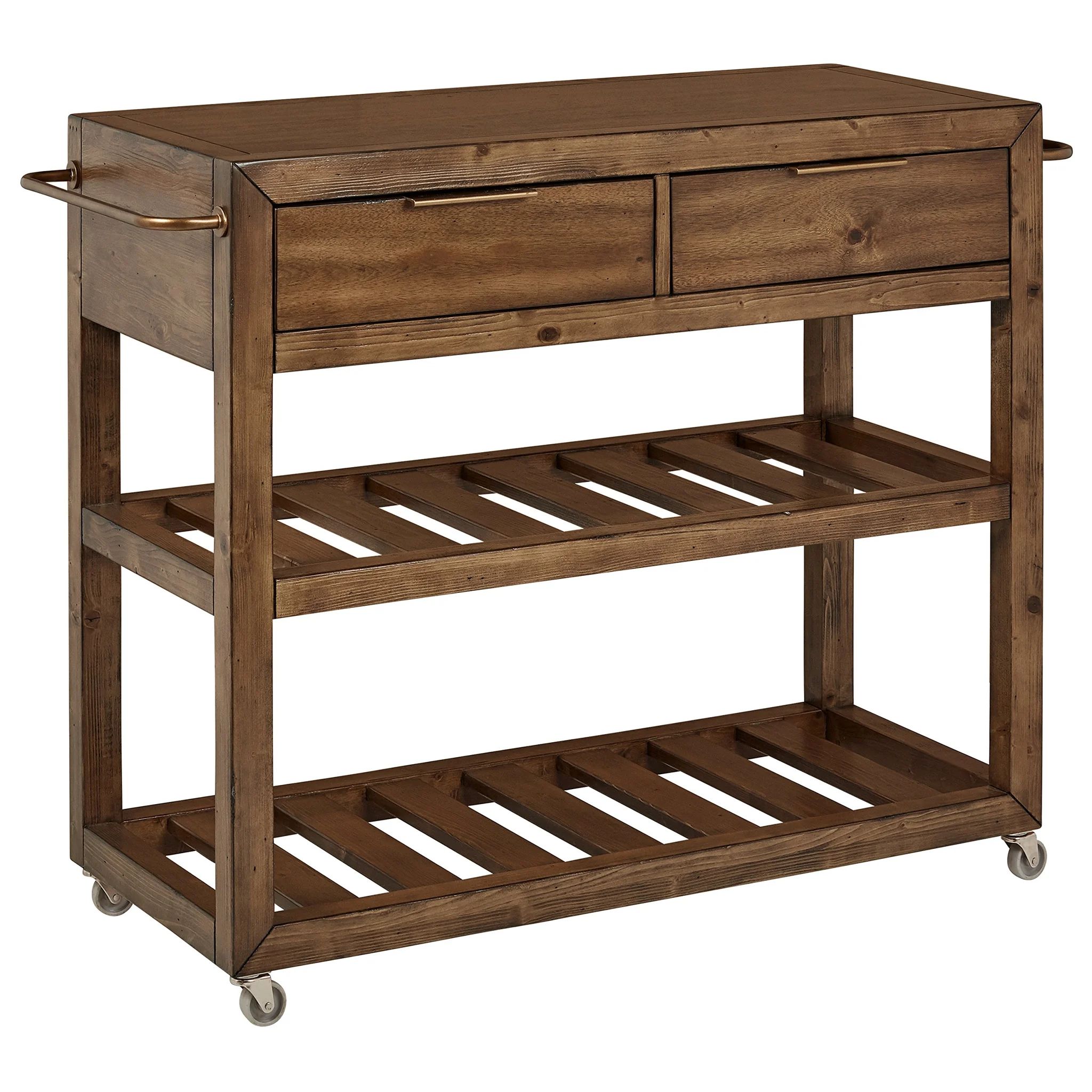 Rustic Wood Kitchen Island Bar Cart with Slatted Shelves and Drawers