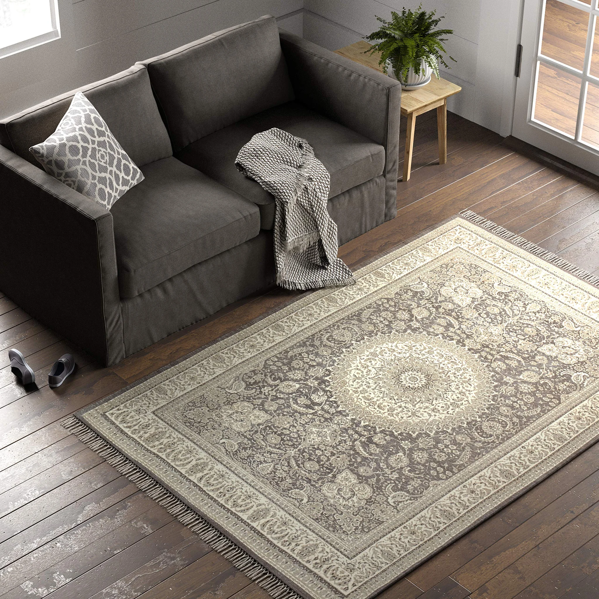 Persian Medallion Area Rug with Fringe – Grey & Cream Classic Pattern
