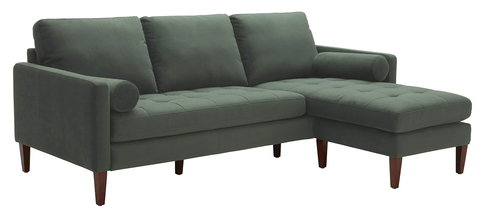 Mid-Century Sectional Sofa with Chaise and Tapered Wood Legs – Hunter Green Velvet