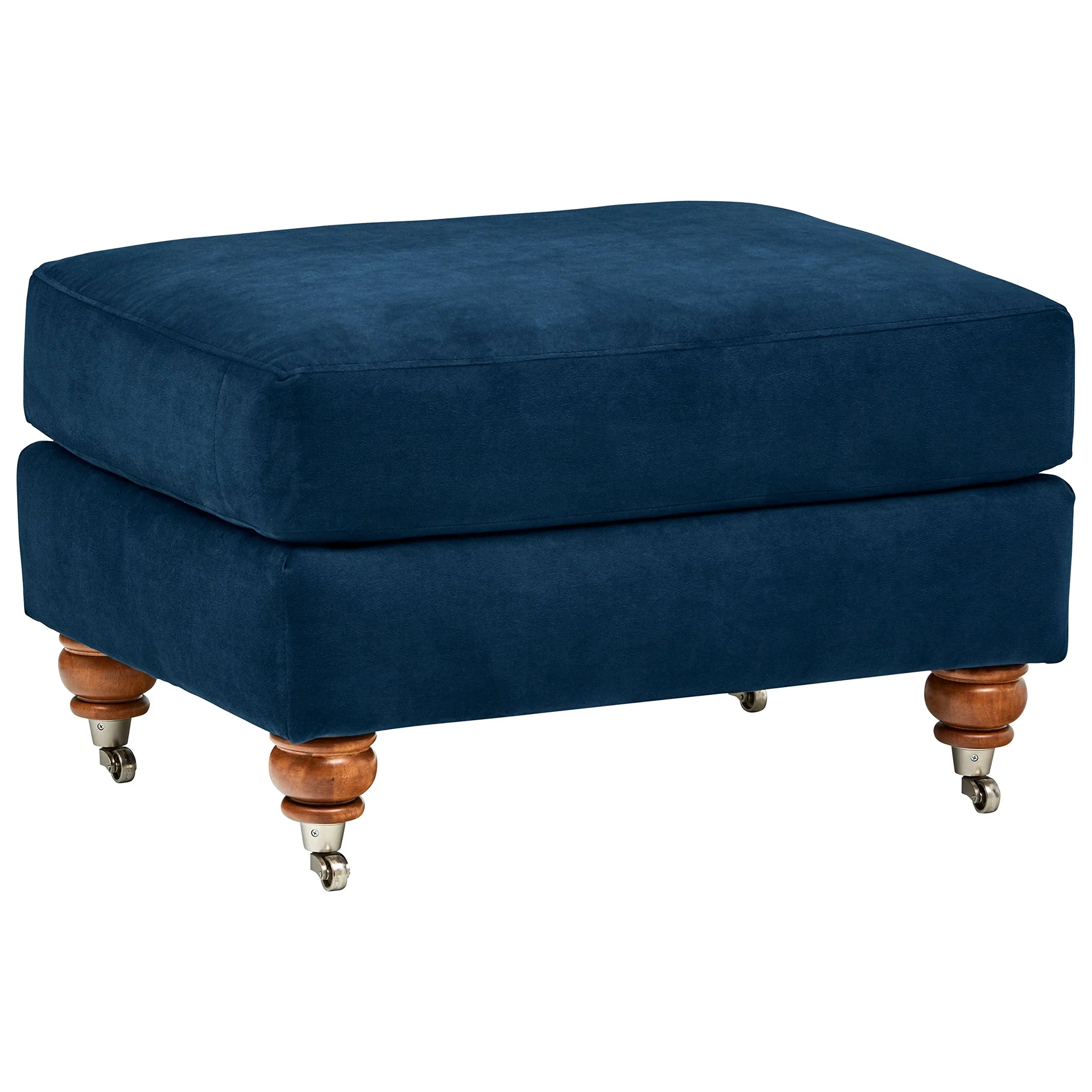 Farmhouse Navy Velvet Ottoman with Turned Wood Legs and Casters