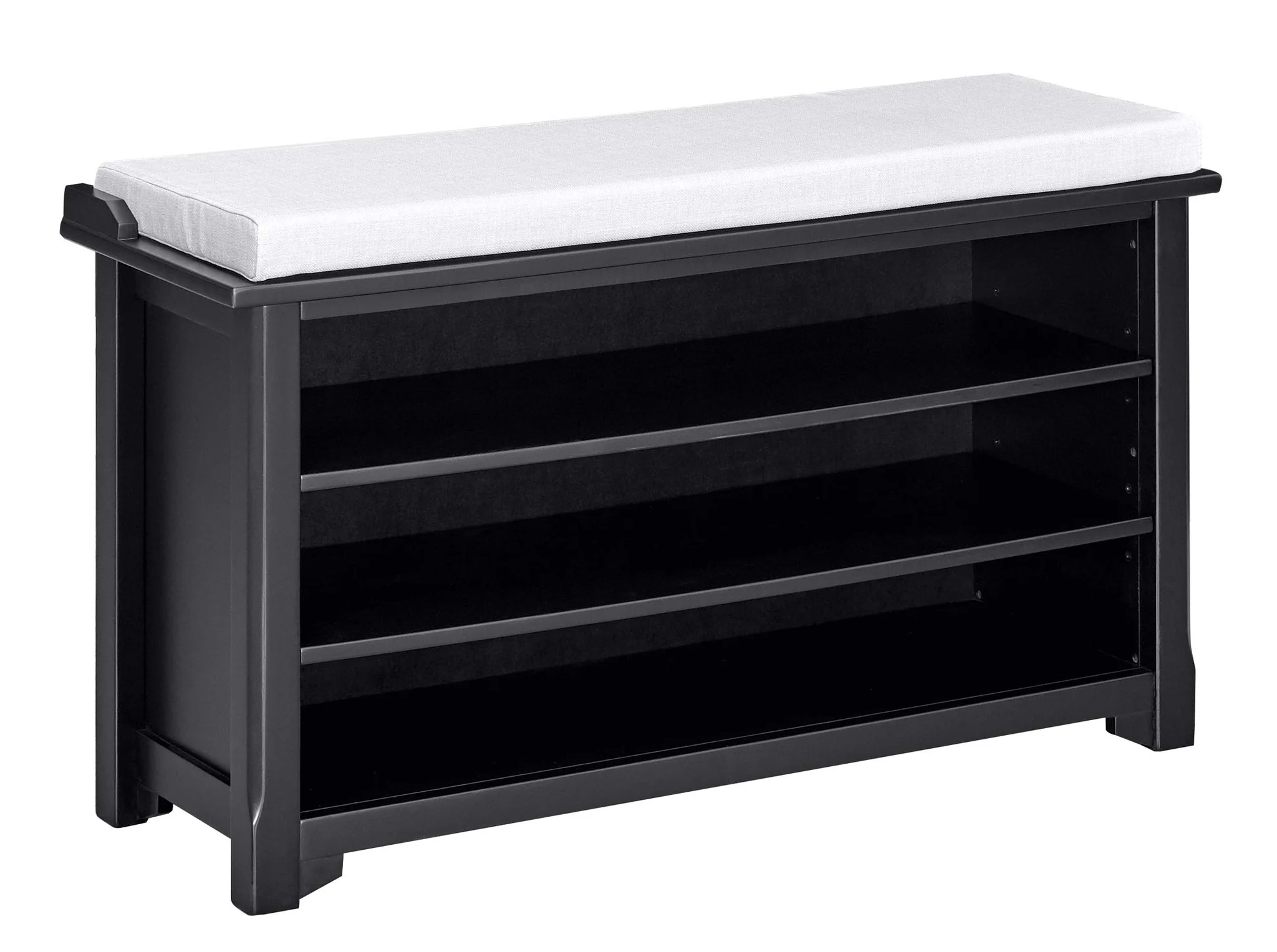 Black Wood Storage Bench with Cushion and Open Shelves