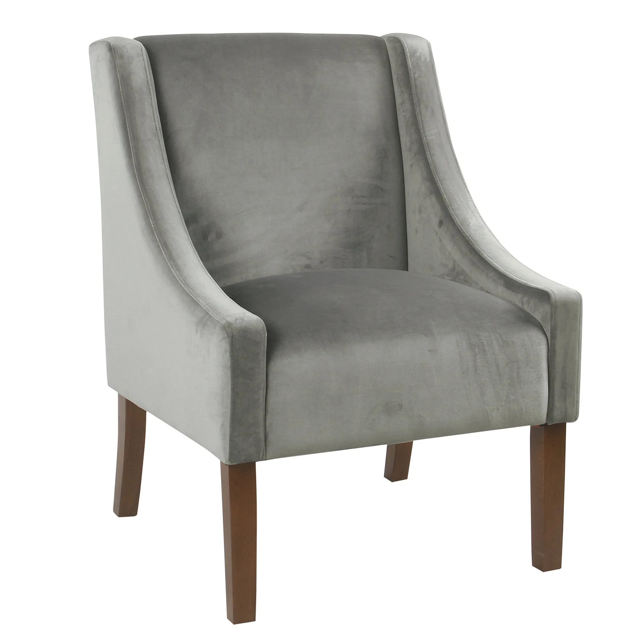 Gray Velvet Swoop Arm Accent Chair with Walnut Wood Legs