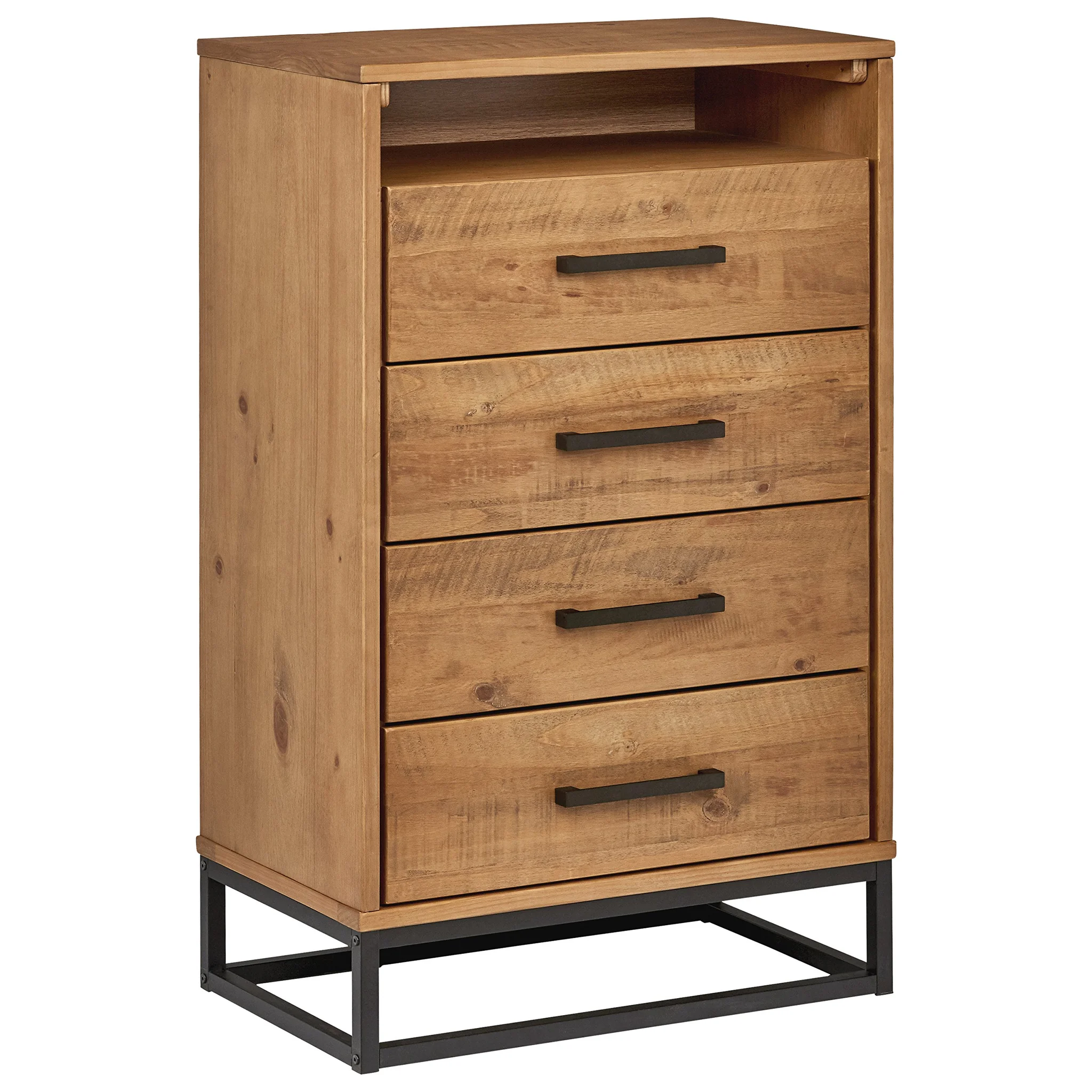 Industrial Wood Dresser with 4 Drawers and Open Shelf – Oak Finish