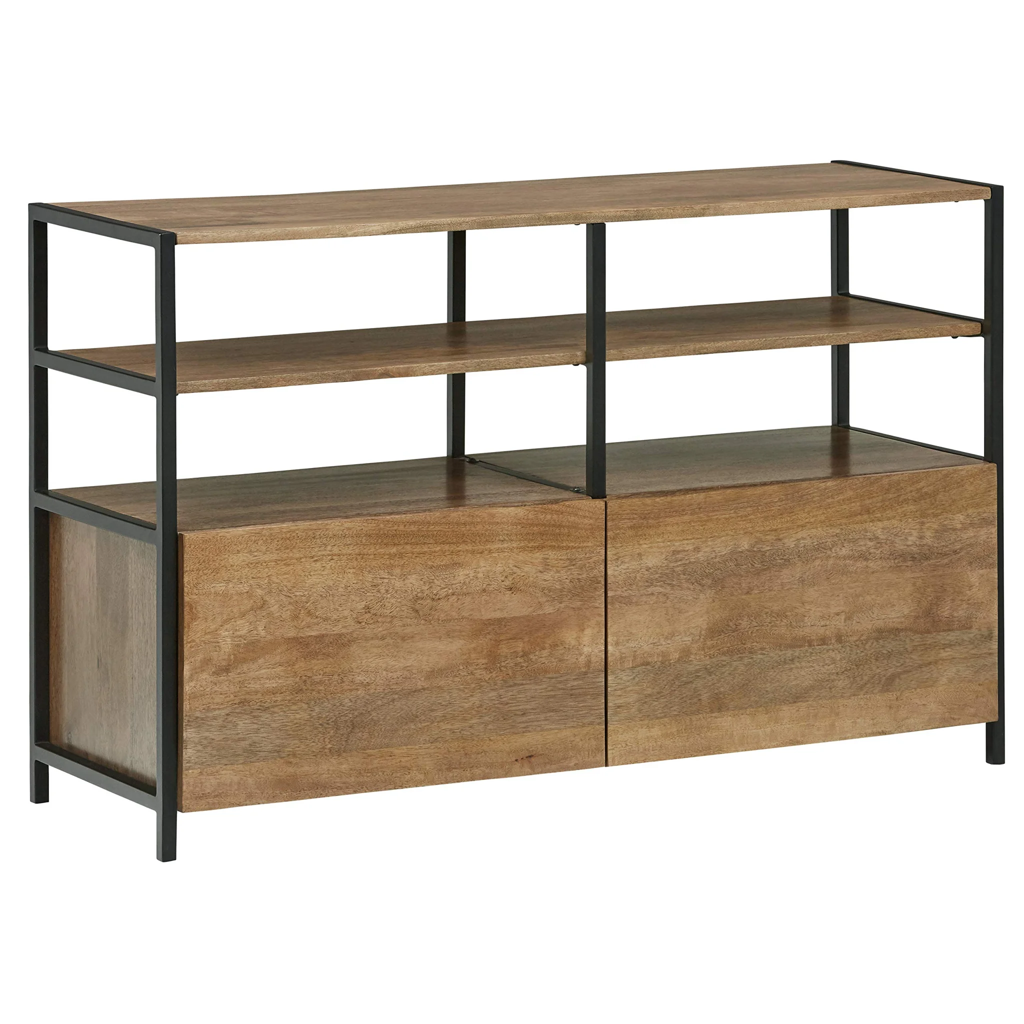 Industrial Wood and Metal Media Console with Open Shelves and Cabinet Storage