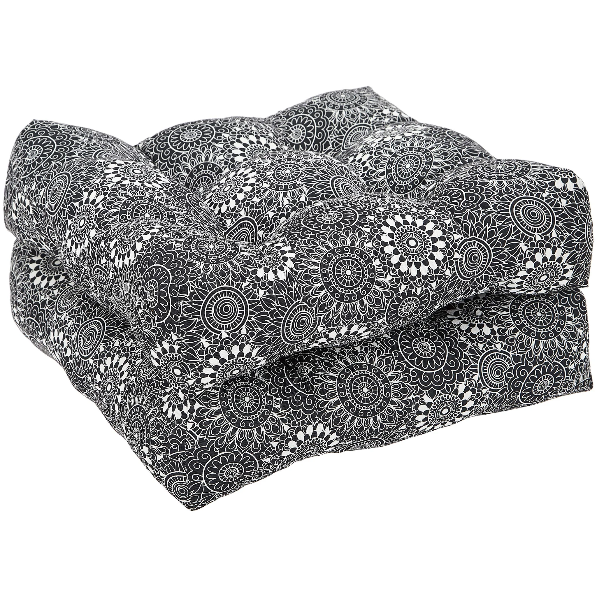 Tufted Outdoor Patio Seat Cushion Set - Black Floral Mandala Pattern