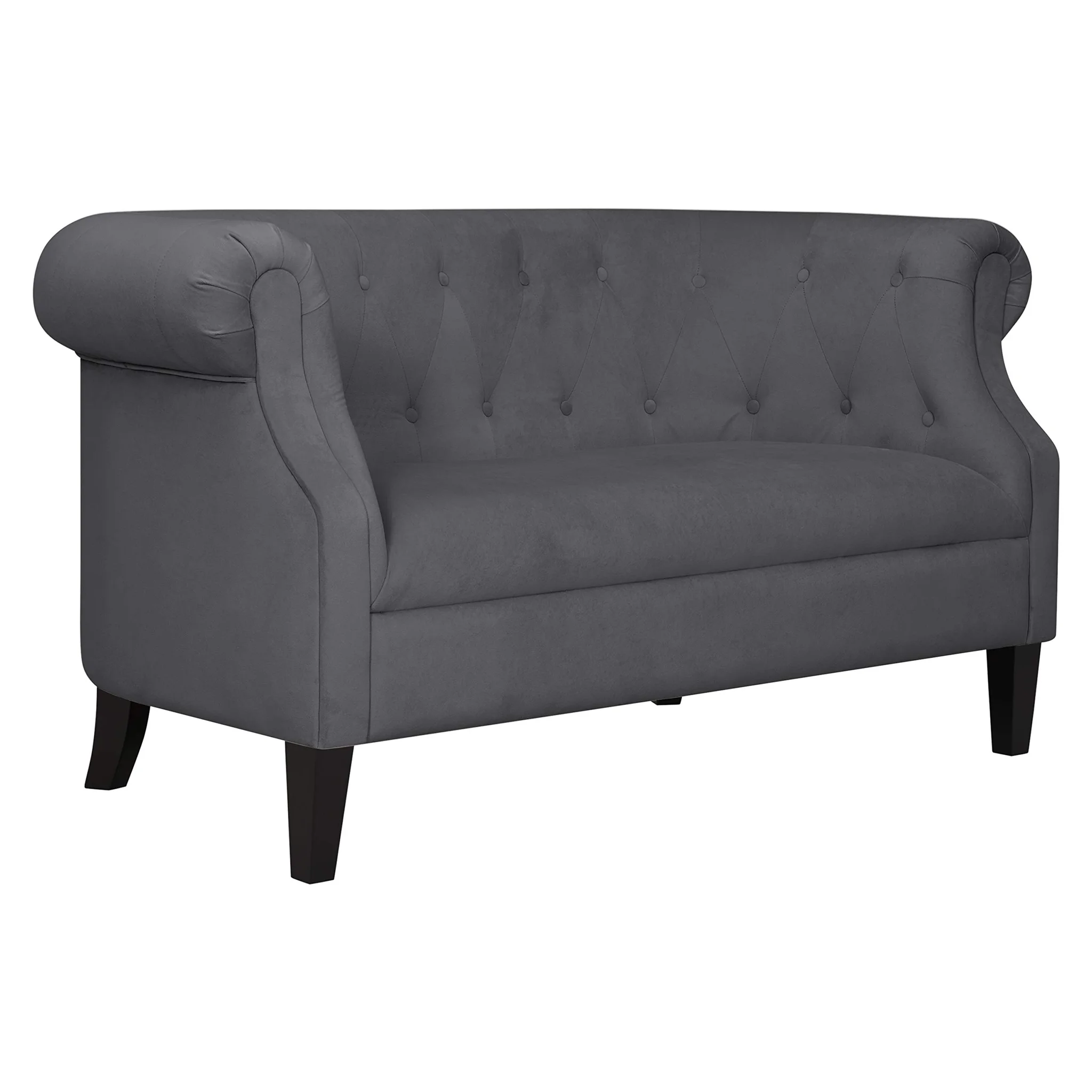Grey Velvet Chesterfield Loveseat Sofa with Tufted Back and Rolled Arms