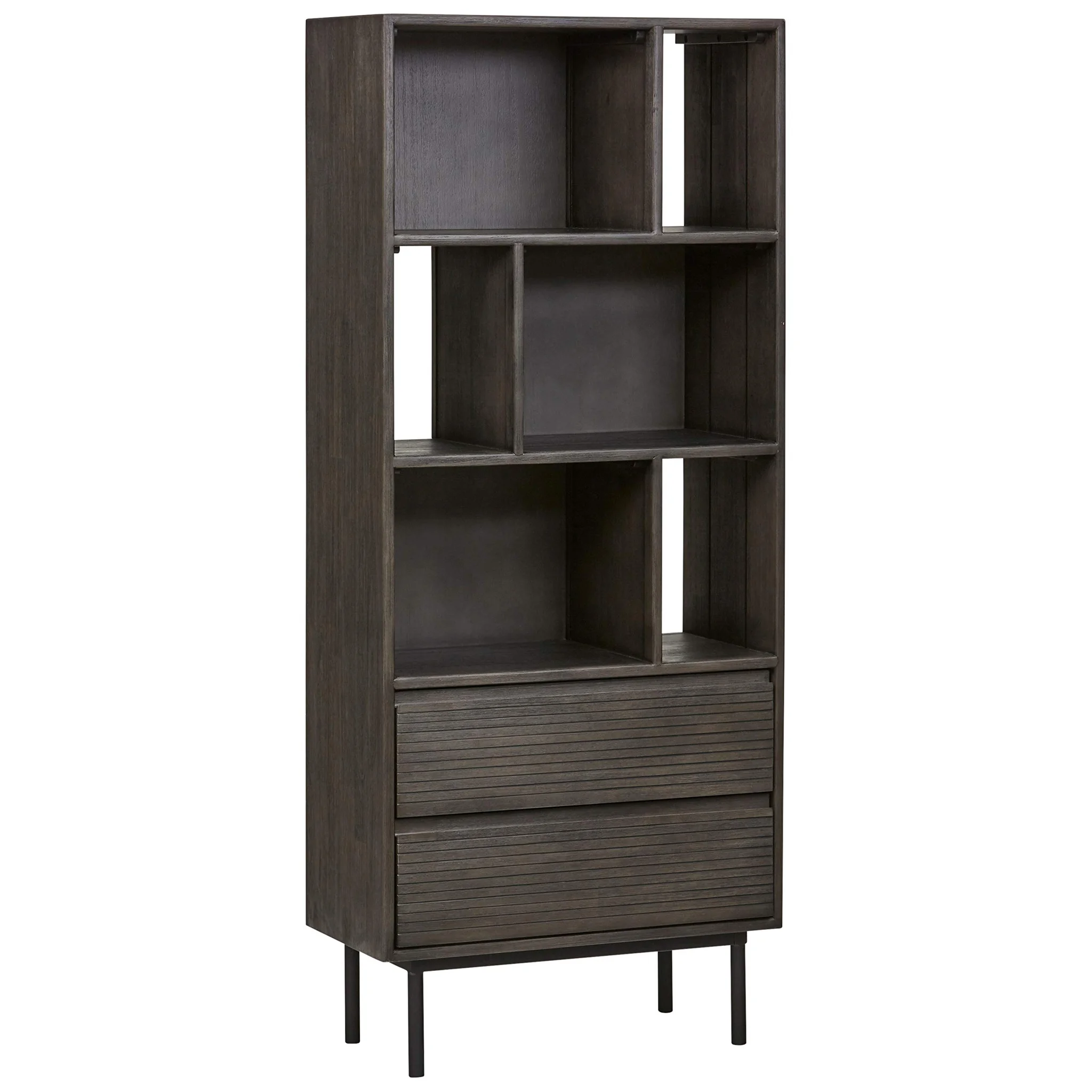 Modern Dark Wood Bookcase with Drawers and Open Shelves