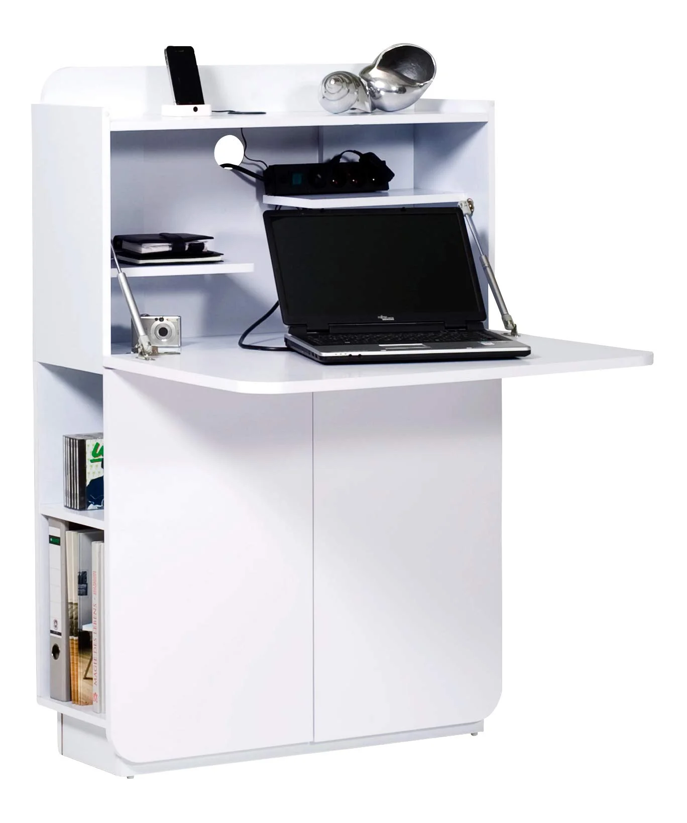 Modern White Secretary Desk with Storage Cabinet and Side Shelves