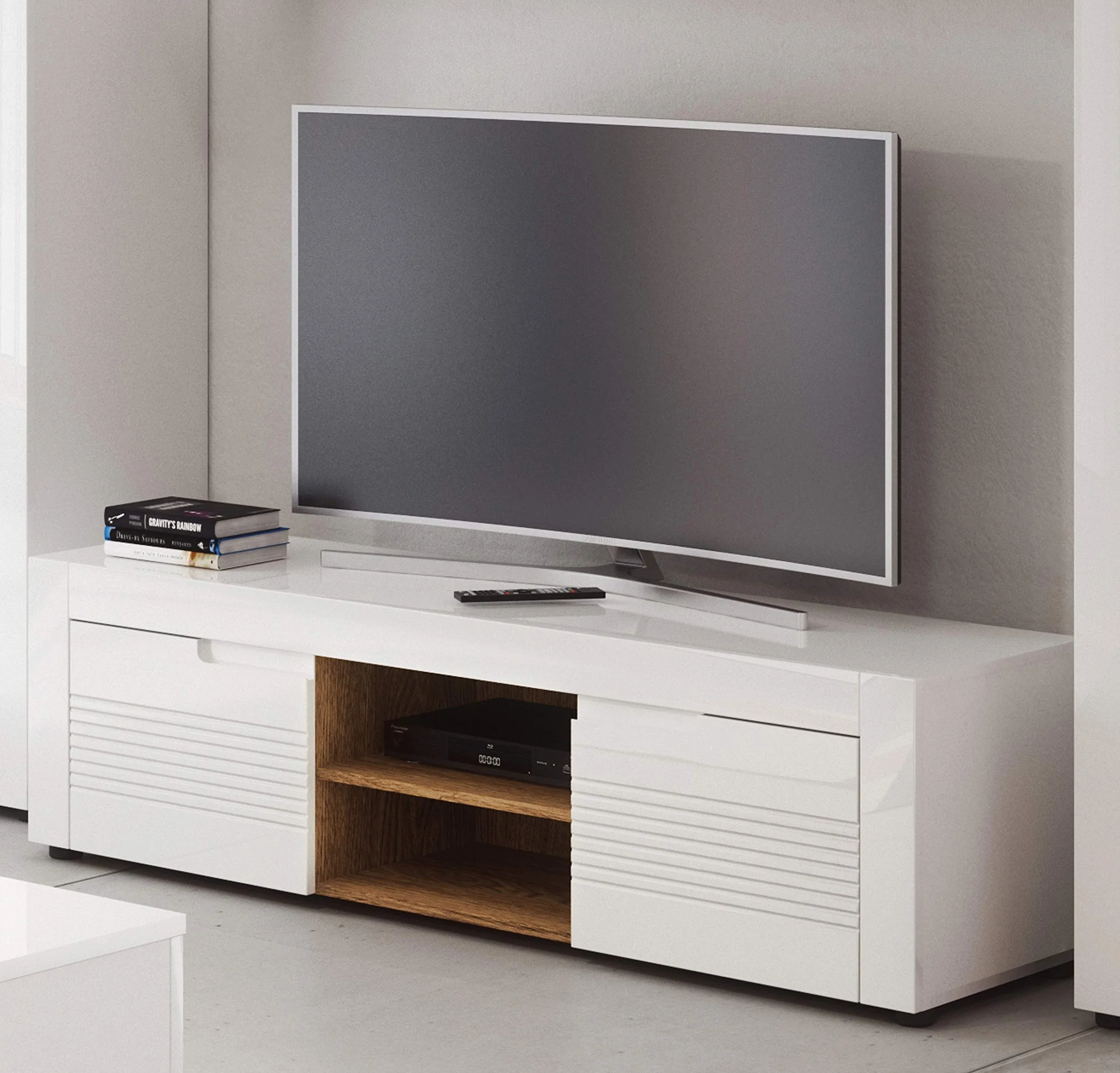 Modern White Gloss TV Stand with Wood Accent Shelving