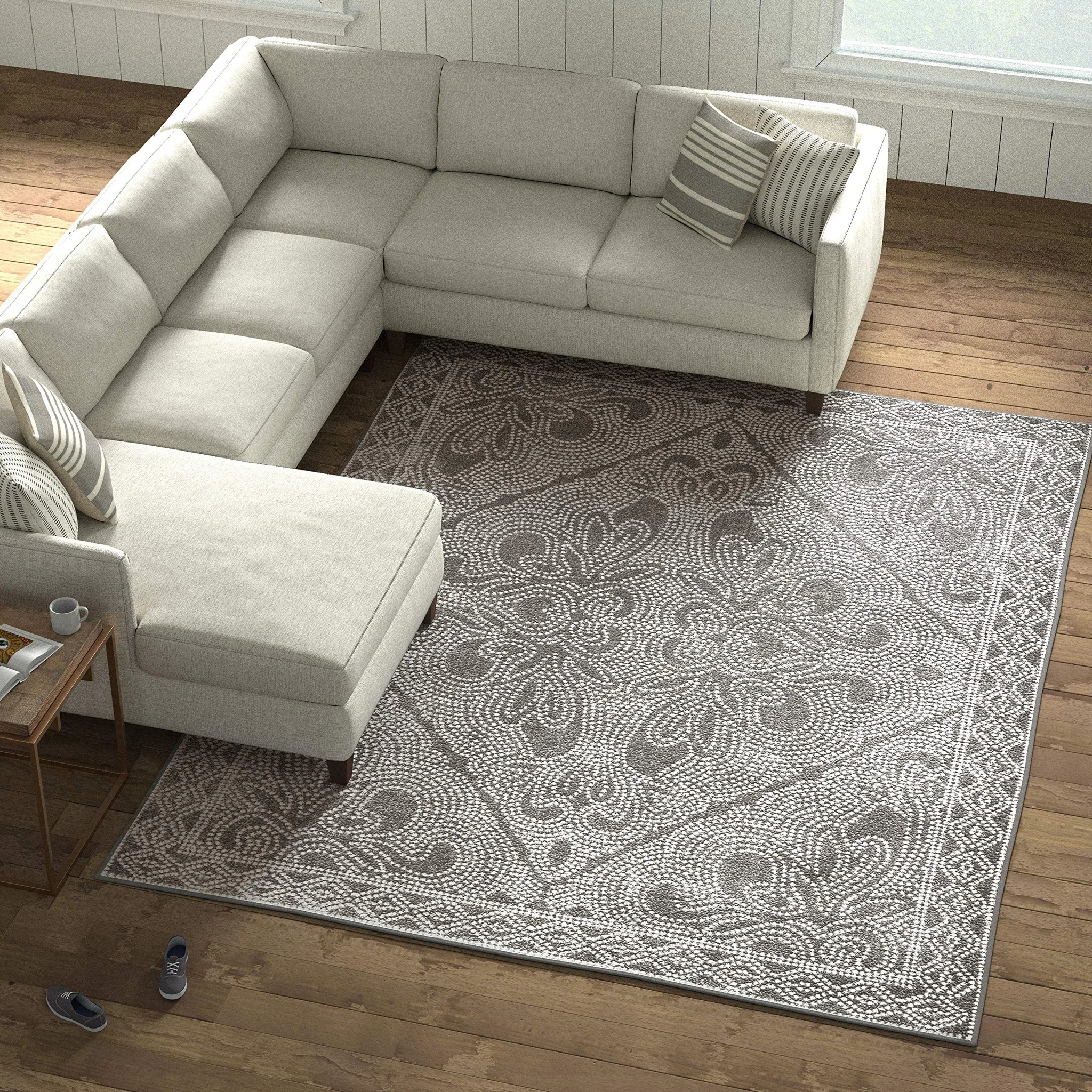 Ornate Charcoal Area Rug with Floral Damask Pattern