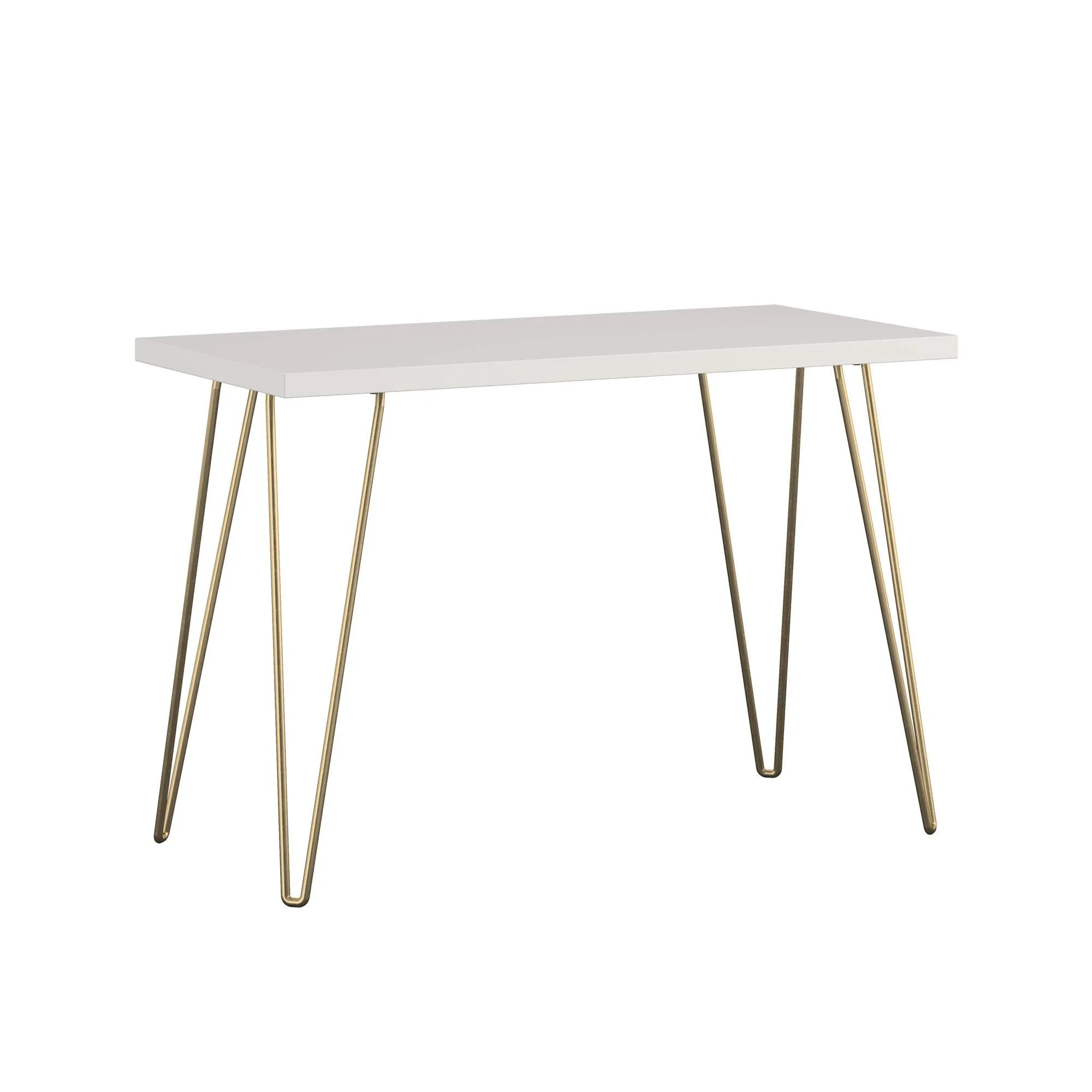 Mid-Century Modern White Desk with Gold Hairpin Legs