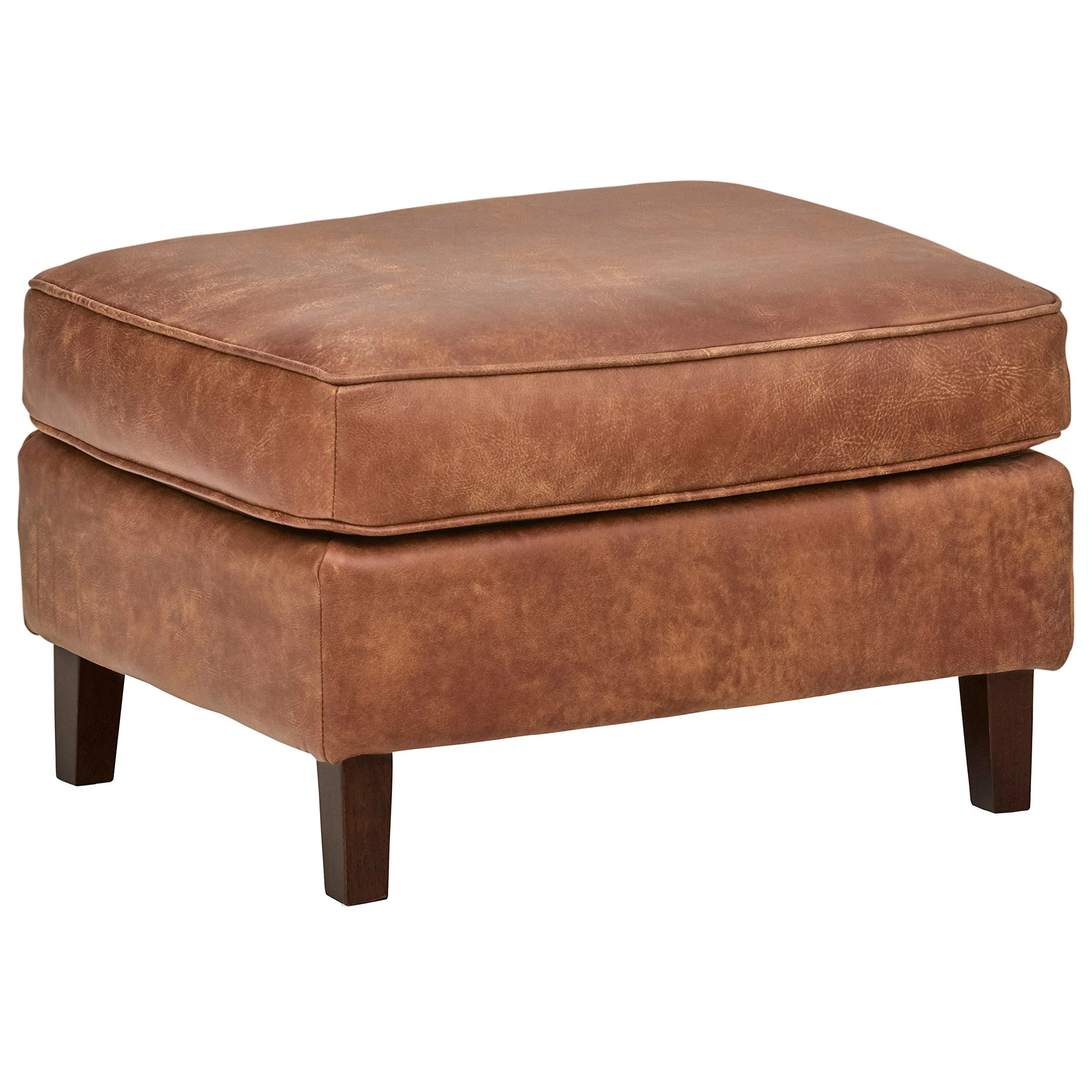 Saddle Brown Leather Ottoman with Tapered Wood Legs