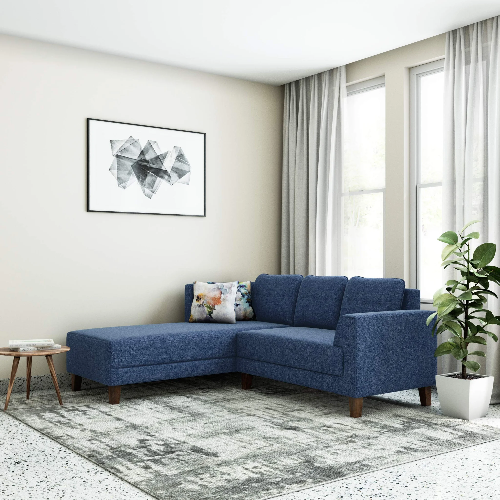 Modern Blue L-Shaped Sectional Sofa with Chaise Lounger