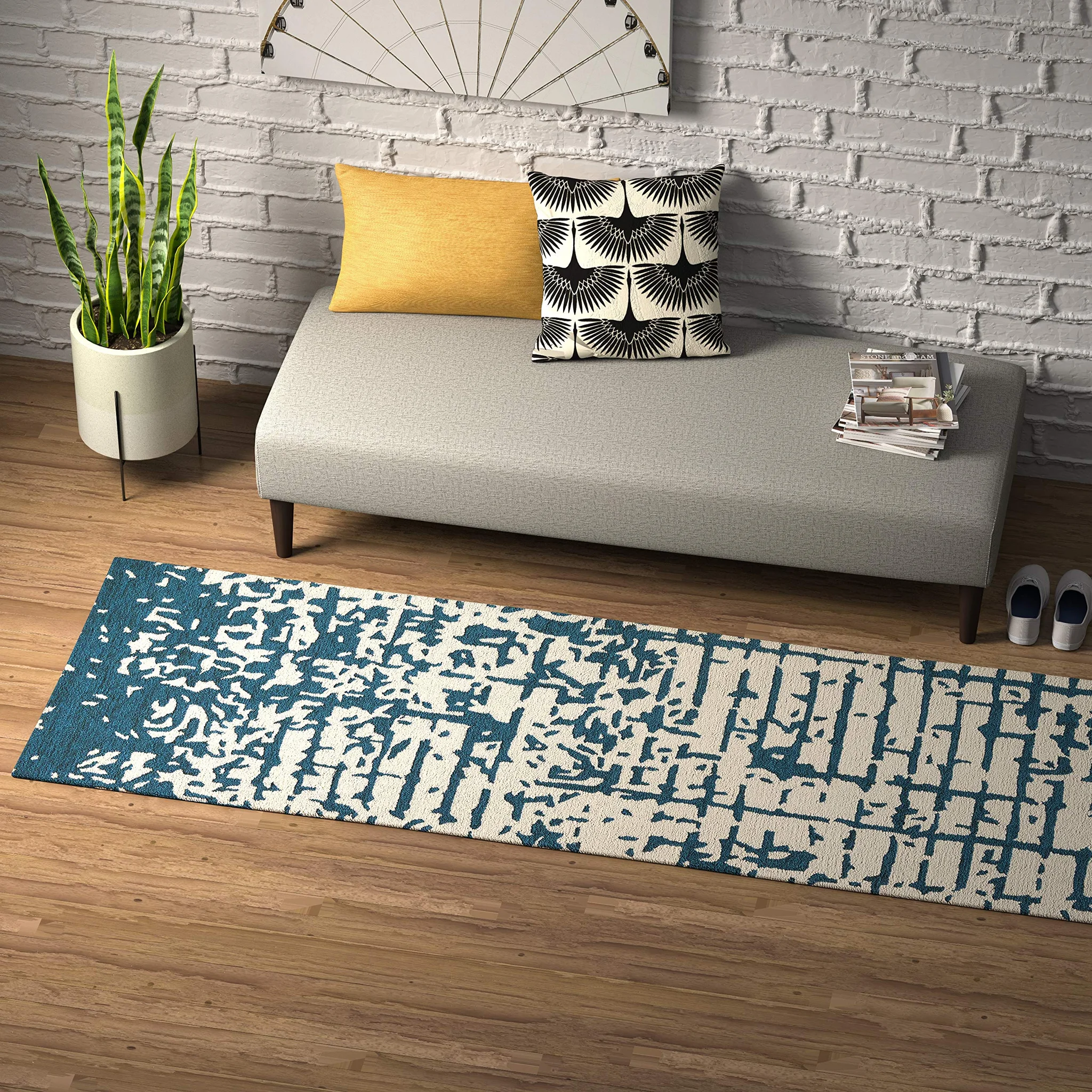 Modern Distressed Blue and Ivory Wool Runner Rug