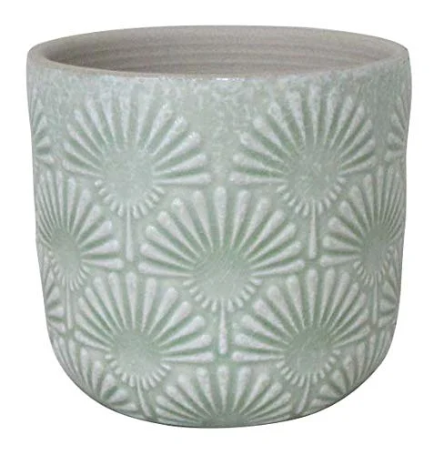 Seafoam Green Ceramic Planter with Embossed Fan Pattern