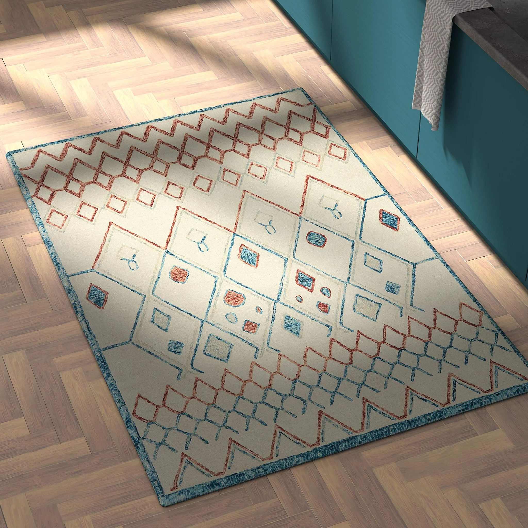 Bohemian Diamond Pattern Area Rug – Cream, Blue & Orange