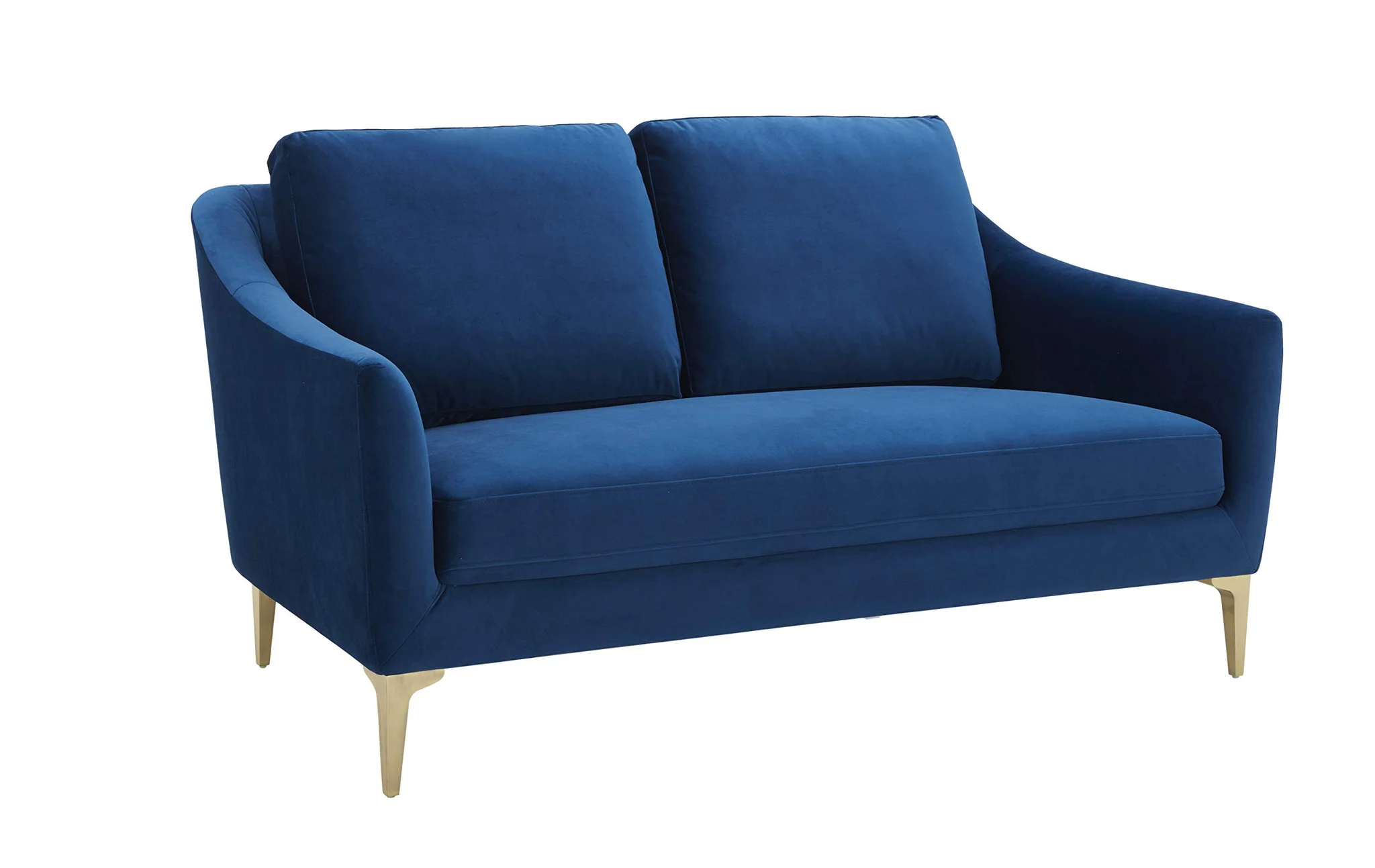 Contemporary Blue Velvet Loveseat Sofa with Brass Legs