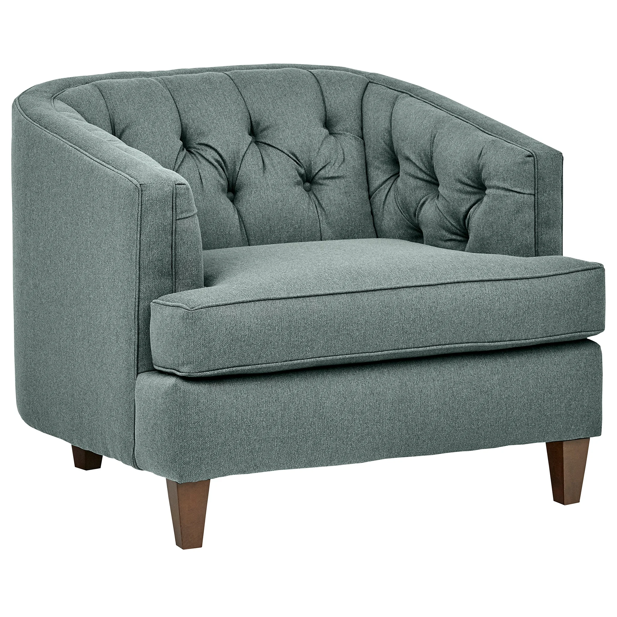 Tufted Barrel Accent Chair – Smoky Teal Fabric with Walnut Legs