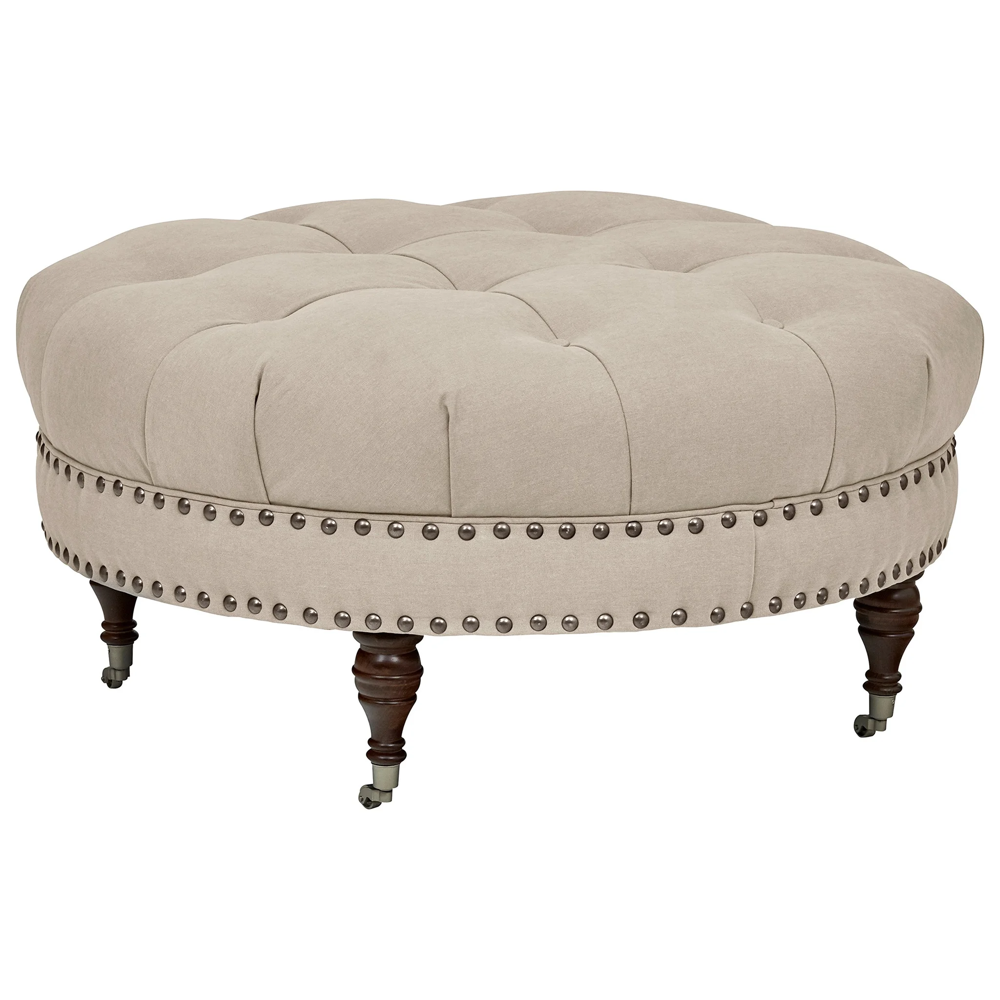 Round Tufted Ottoman with Nailhead Trim and Caster Legs