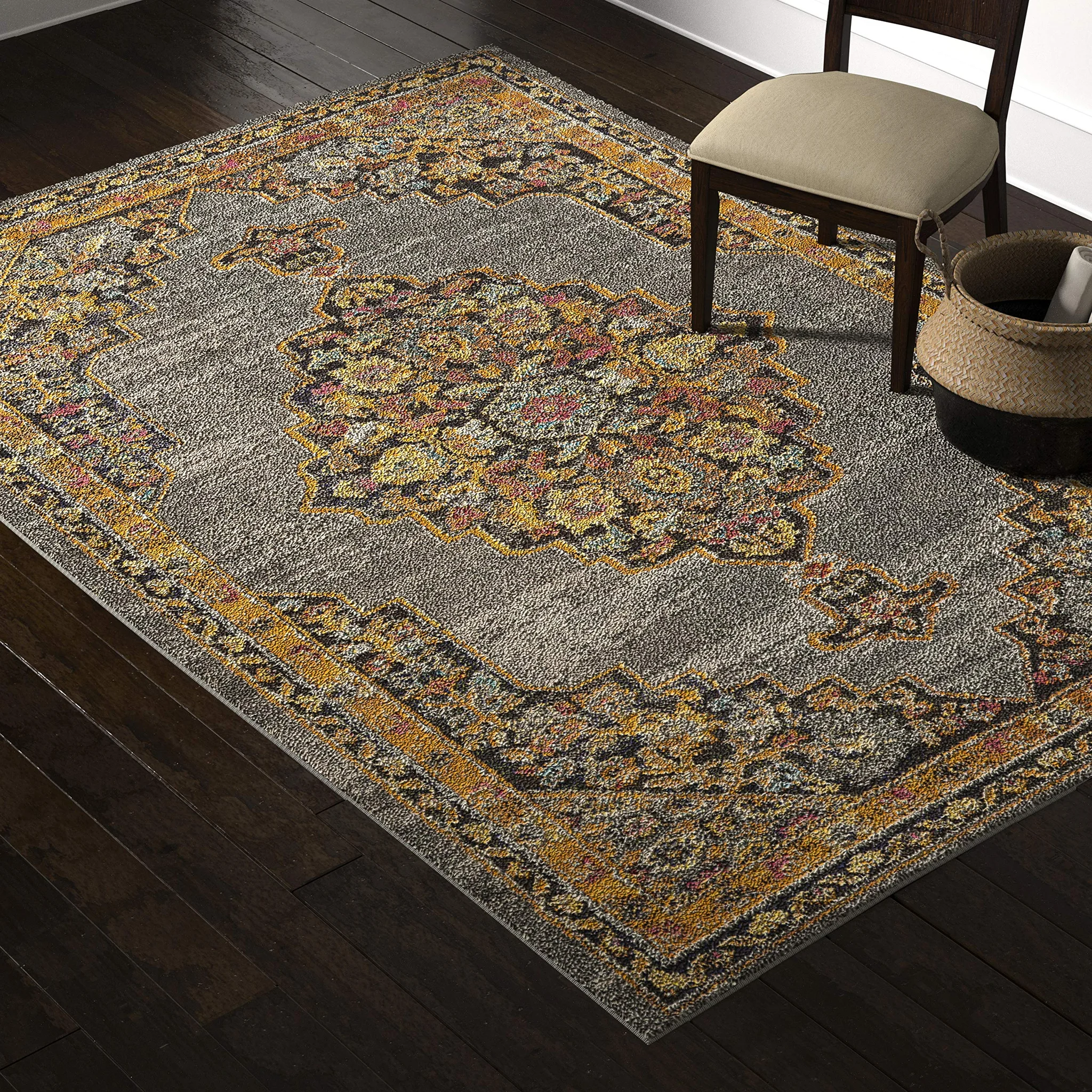 Persian Medallion Area Rug – Gray, Orange & Multicolor Vintage Style
