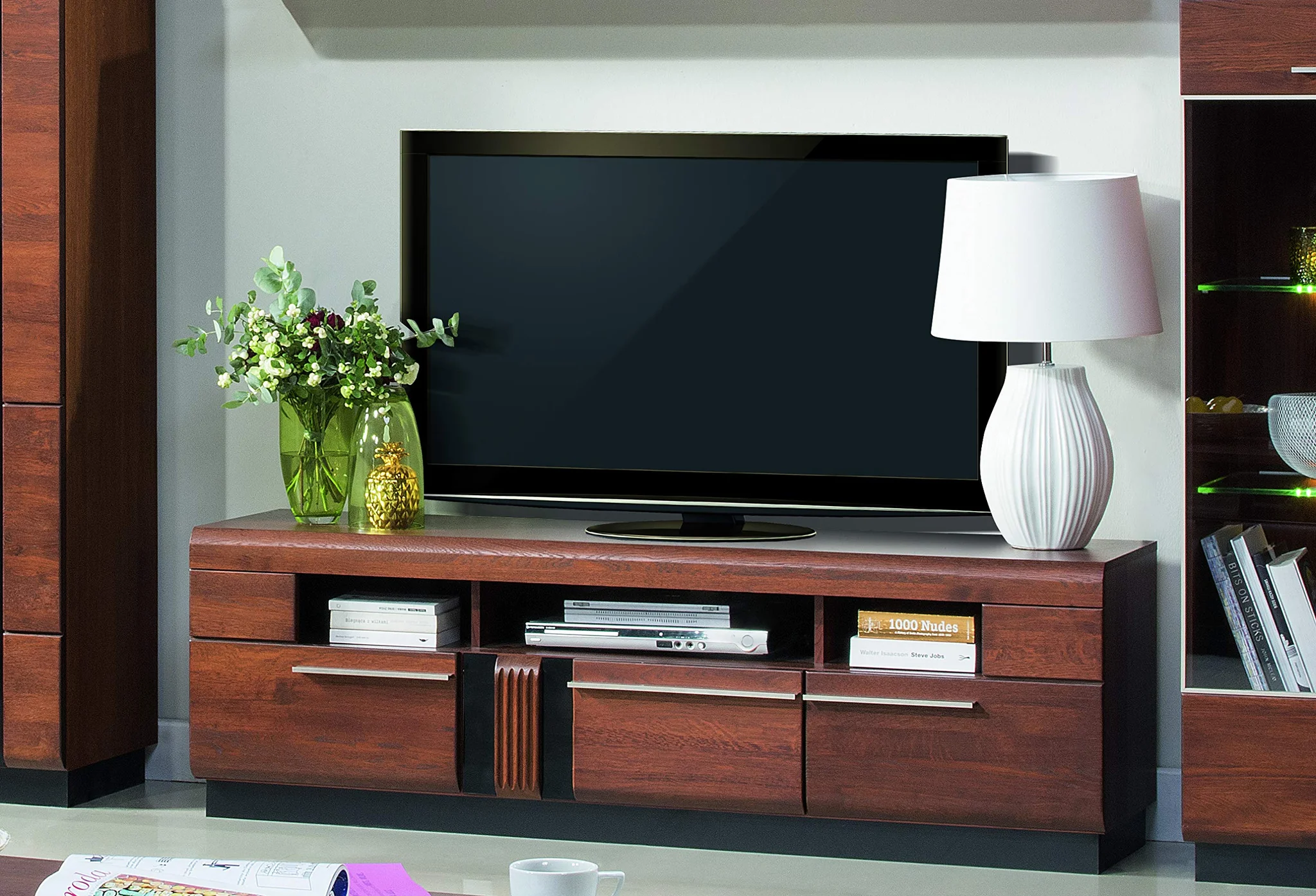 Modern Walnut TV Stand with Open Shelves and Drawers