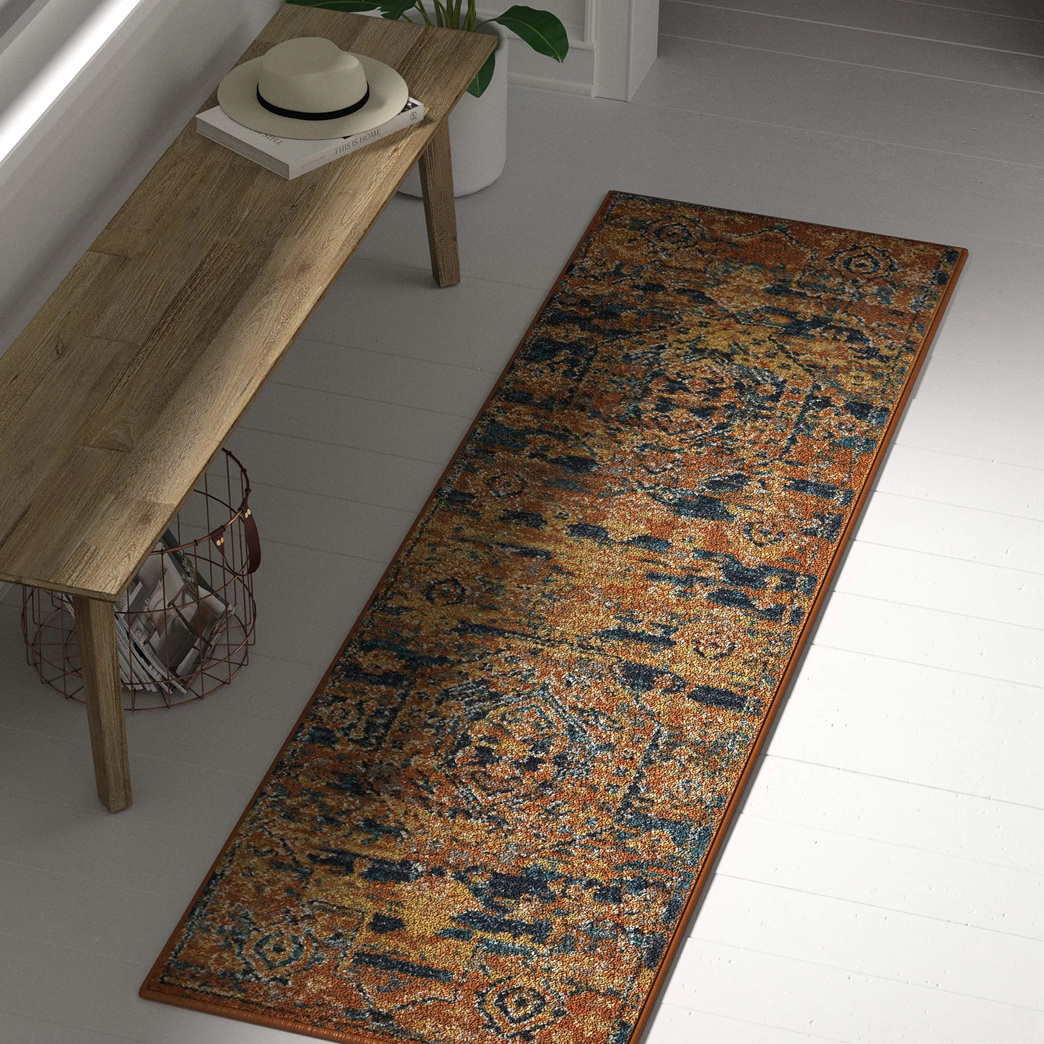 Persian Runner Rug – Vintage Bohemian Orange & Teal Distressed Pattern